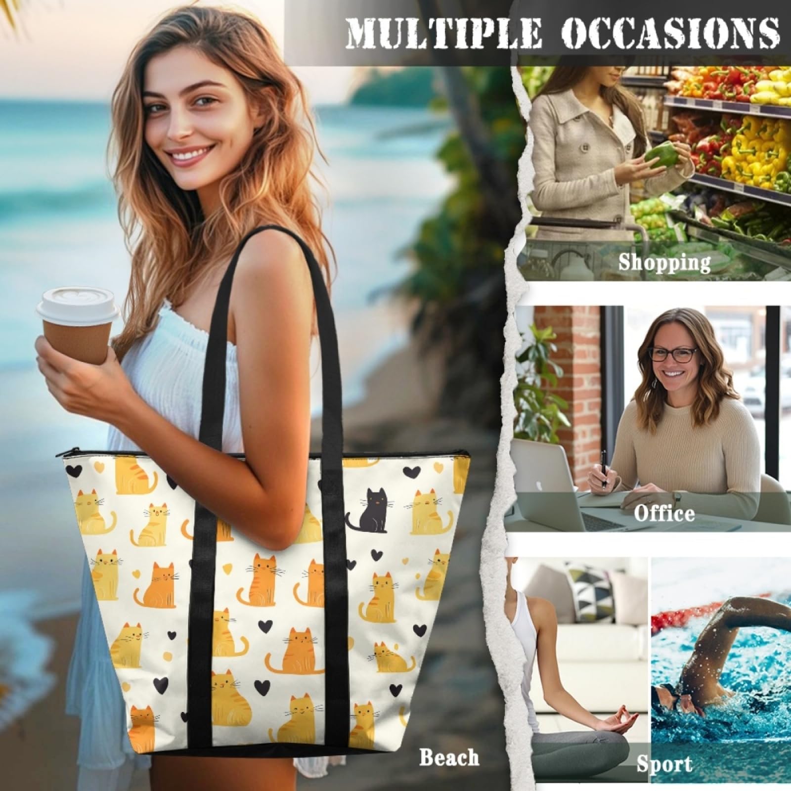Tote Bag Tela Bolsas de Tela Poliéster Bolso de Mano de Mujer Reutilizable Bolsa Compra Plegable Tote Bag Cremallera Bolso Viaje Duradero Totebag