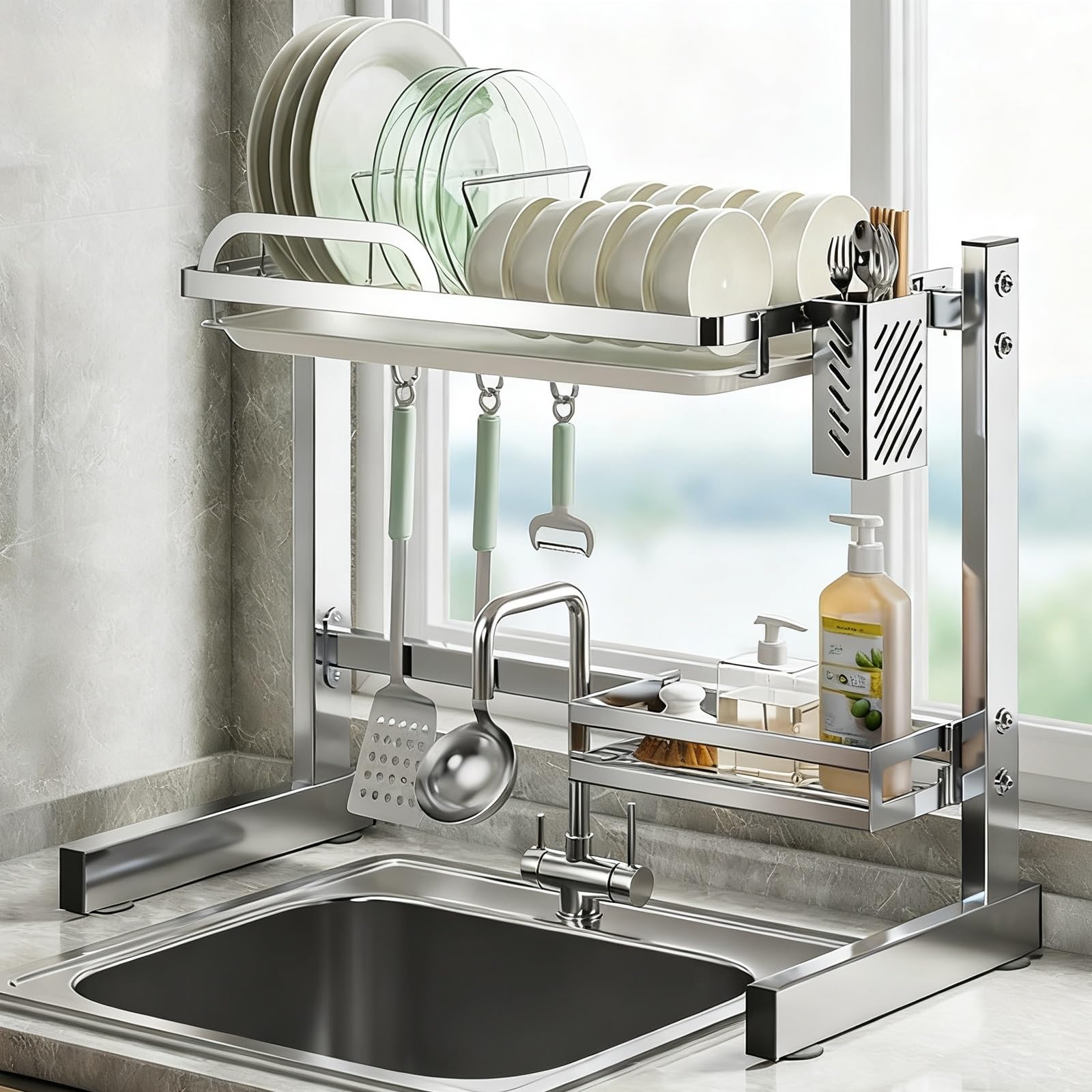 Escurridor de platos sobre el fregadero, soporte de utensilios de cocina de acero inoxidable, estante de metal multifuncional para espacio de cocina organizado