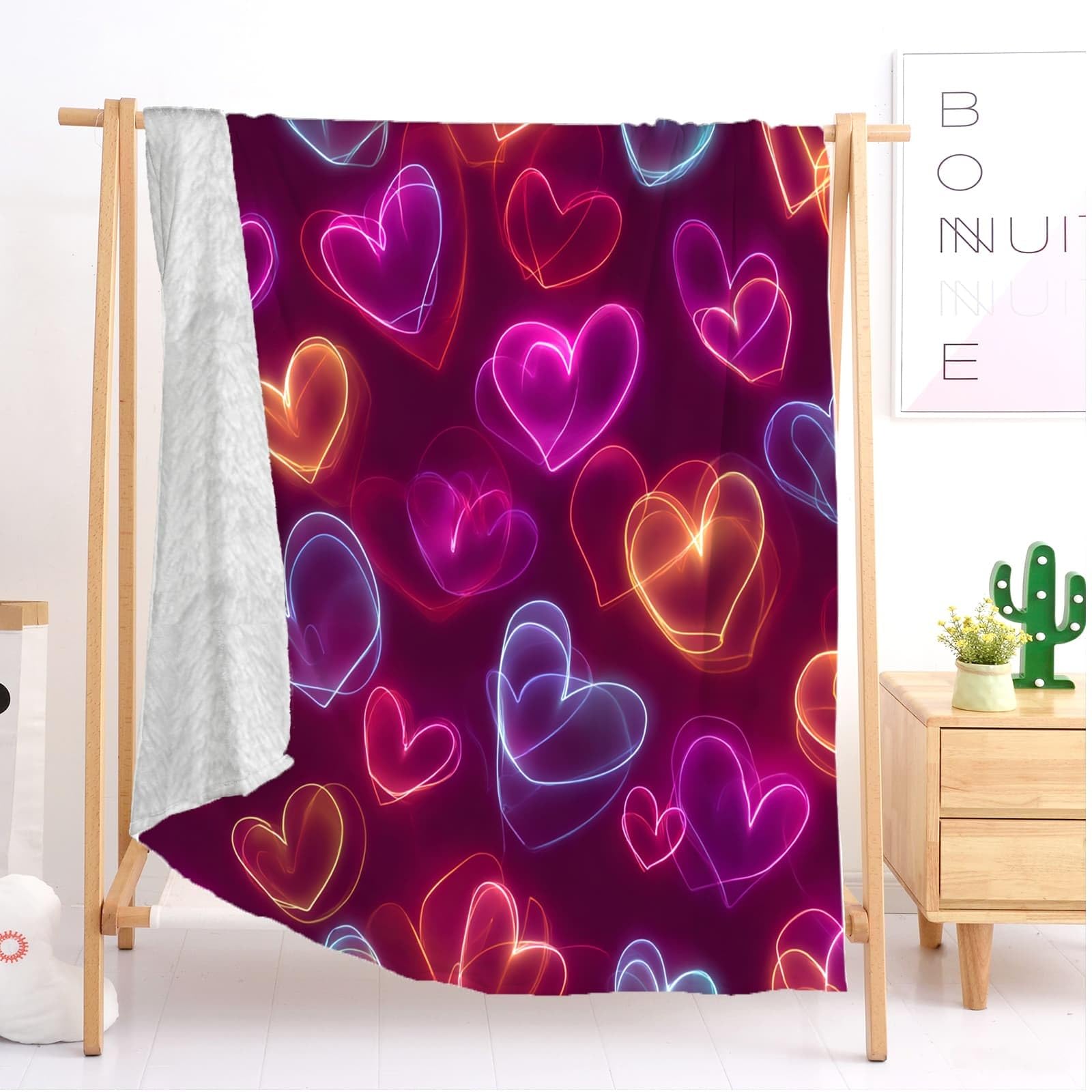 Coperta Divano Plaid Pile, Coperta Letto Singolo/Matrimoniale 180x220 cm, Colori Al Neon Coperta di Flanella Morbido Caldo per Autunno Inverno, Tema D'Amore Romantico Leggera Coperta Regalo