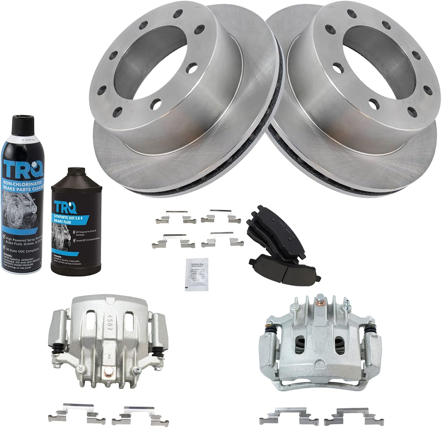 TRQ Rear Brake Pad & Rotor Kit Brake Caliper Brake Chemical Kit Brake Pads Brake Rotor Ceramic Compatible with 2000-2005 Ford Excursion 2000-2004 F-250 Super Duty F-350 Super Duty