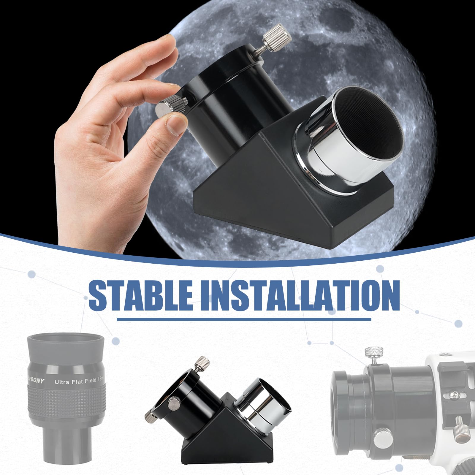 Svbony SV221 Specchio Diagonale, Adattatore Diagonale da 1,25pollici a 90 Gradi con Anello di Pressione in Ottone Accessori per Oculare Telescopio in Alluminio per Osservazioni Astronomiche da Terra