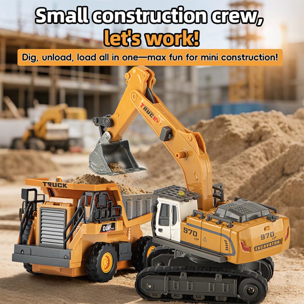 X-Verse 1:64 juguete de excavadora teledirigida, mini excavadora RC con luz y efectos de sonido, rotación de 320°, vehículo de construcción teledirigido para niños, juguete para niños, regalo
