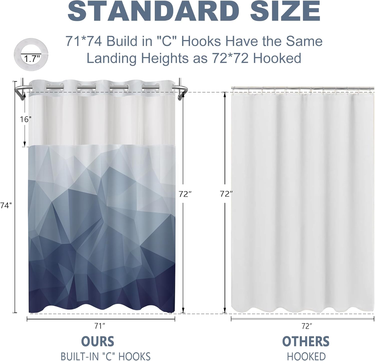 No Hook Shower Curtain with Snap in Liner and Sheer Window, Blue Modern Geometric Fabric Shower Curtain Set for Bathroom Decor, 15-Second Quick Install, Abstract Irregular Ombre, 71"X74"