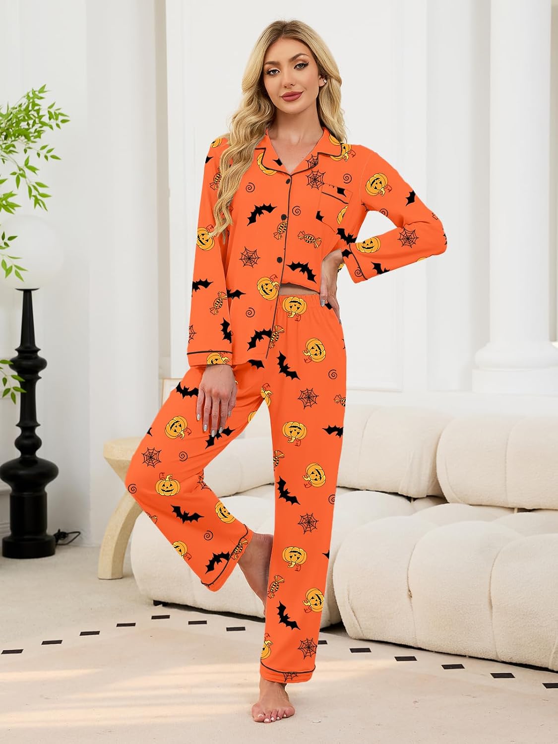Schbbbta Girls Women Cotton Pajama Set, 2Pcs Soft Stretch Button Down Pjs Long Sleeve Sleepwear, 5 Years-Large