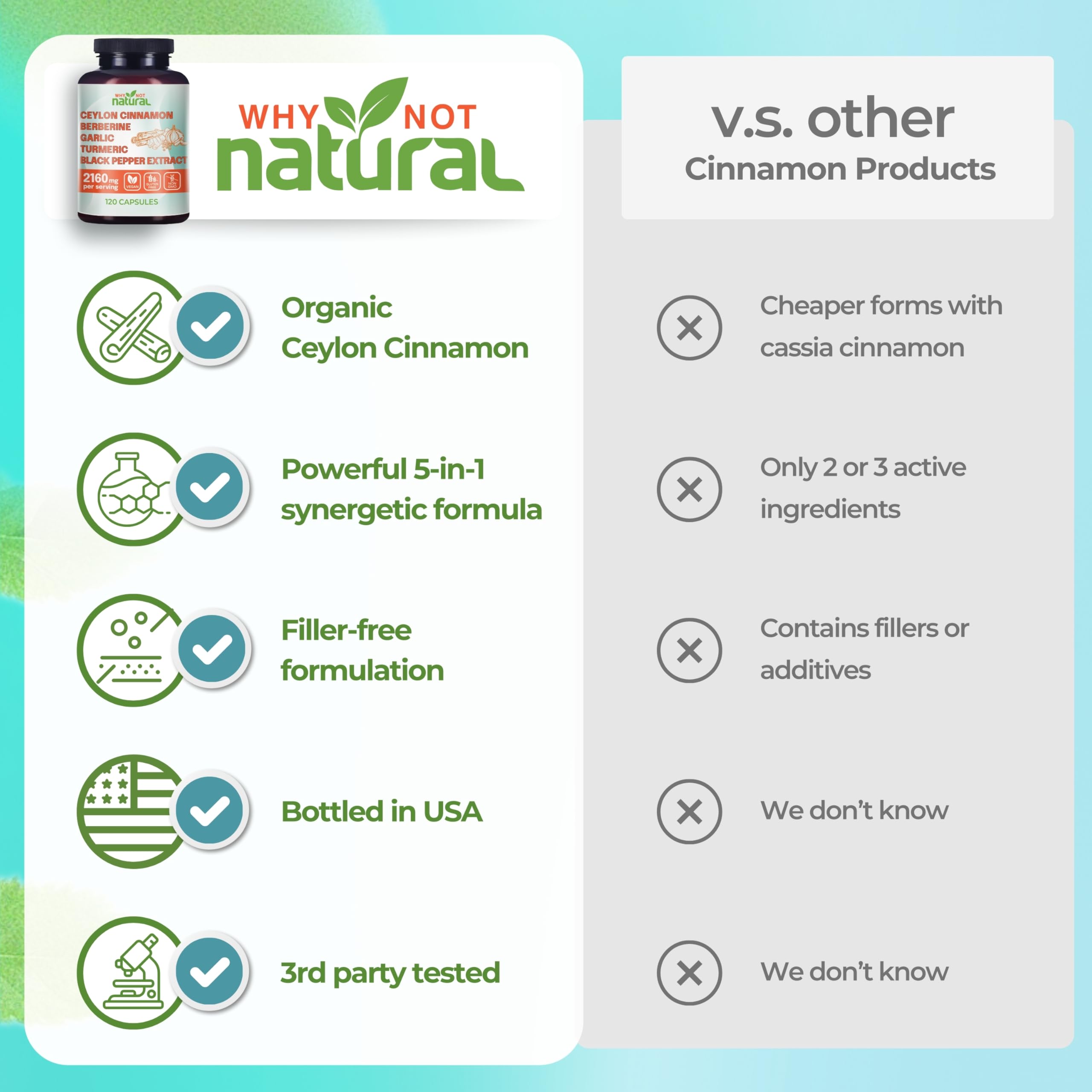 5-in-1 Organic Ceylon Cinnamon Capsules with Berberine, Garlic, Turmeric, Black Pepper Extract Pills — Amazon image 5