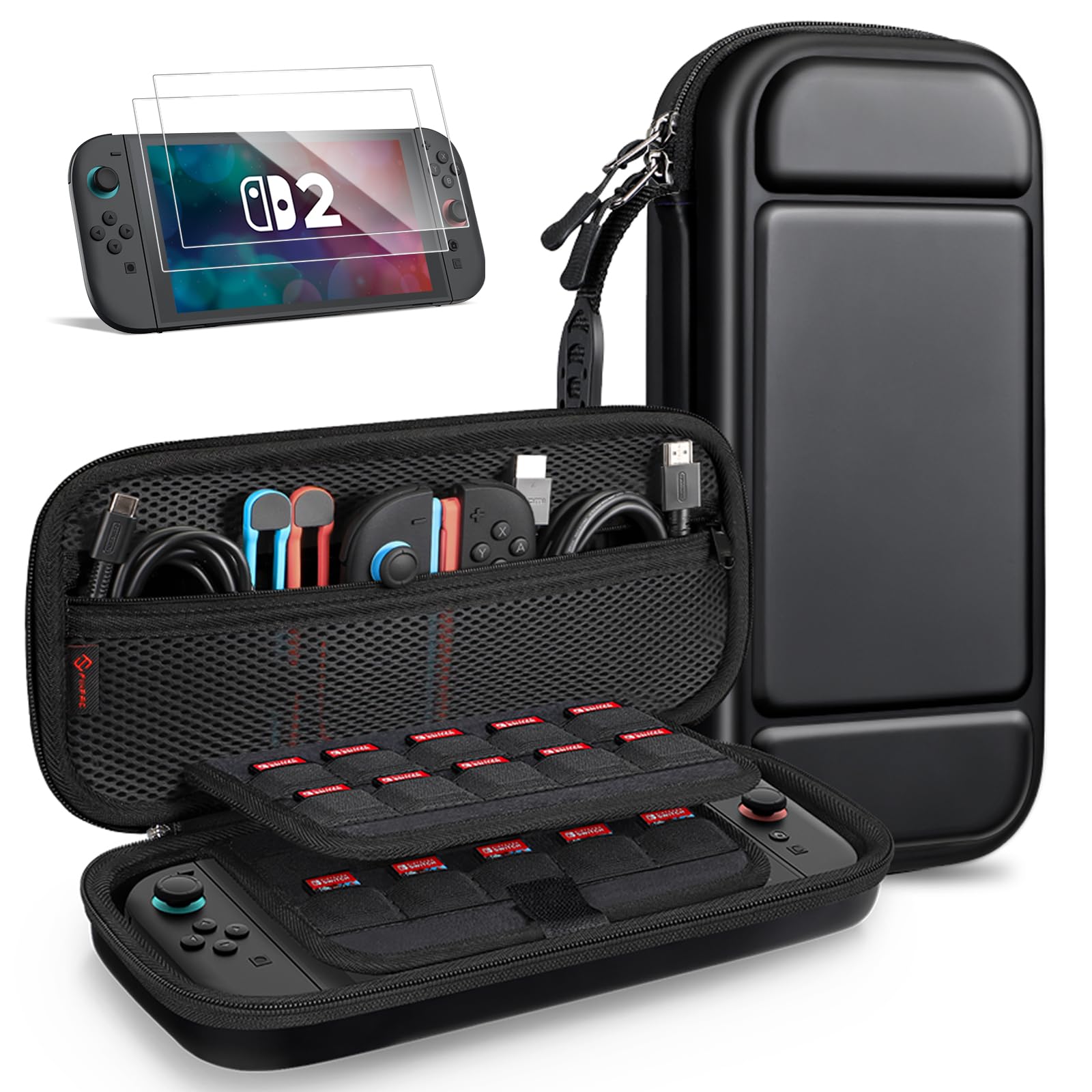 FINTIE Étui pour Nintendo Switch 2 (2025) + Verre Trempé (2 Pièces) - [Antichoc en EVA] Housse de Transport avec Emplacements Cartes de Jeu et Poche Intérieure pour Accessoires, Noir - 1