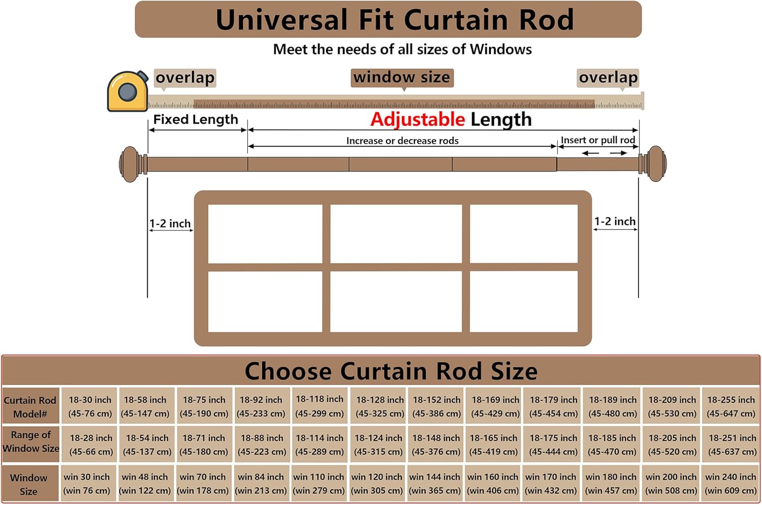 Curtain Rods 18-179 inch, for Window 170 Inch, Adjustable Length Heavy Duty Diameter 7/8 inch, Modern Finials, Black