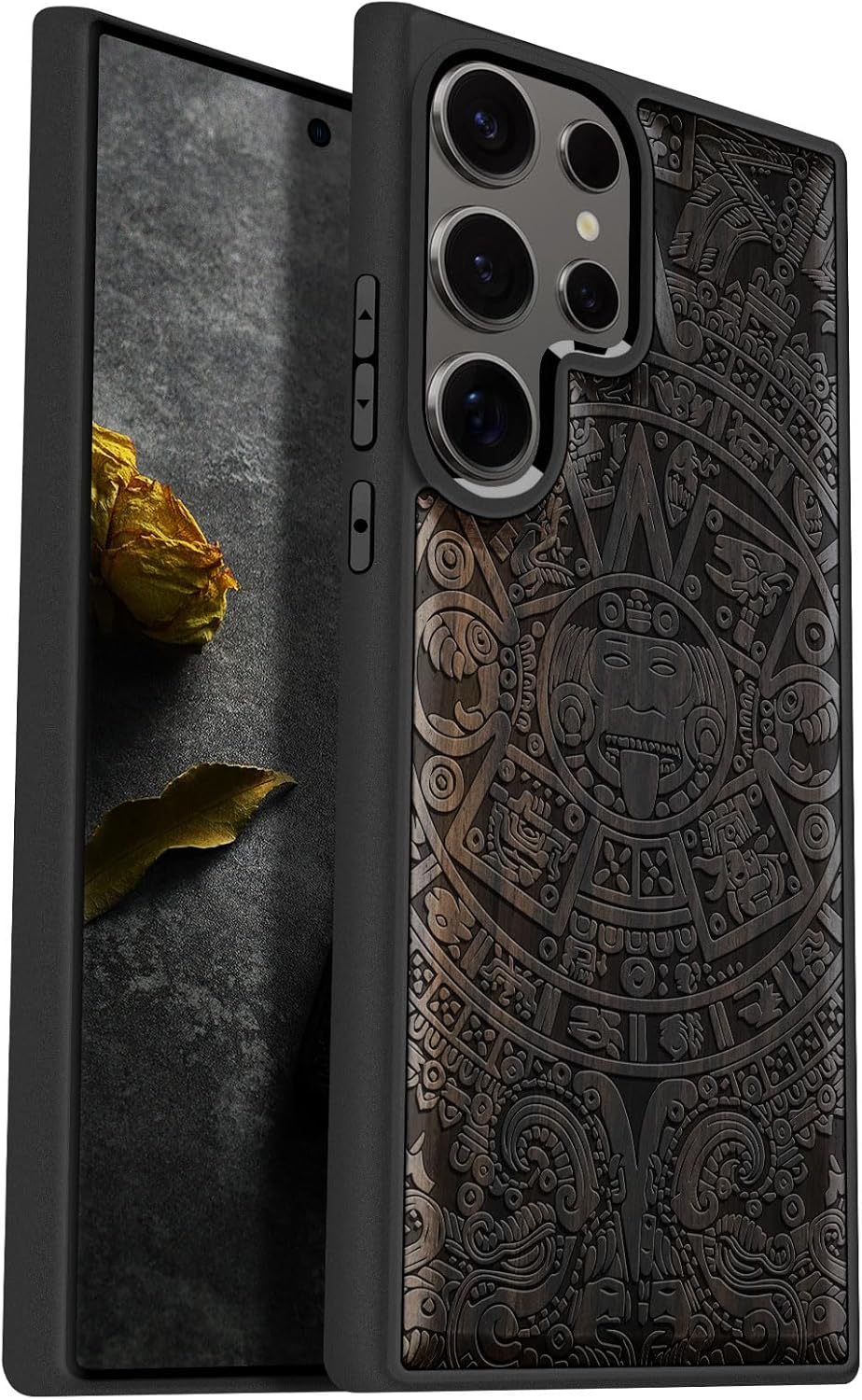 Carveit Wood Case for Galaxy S25 Ultra Case 2025 [Natural Wood & Black Soft TPU] Shockproof Protective Cover Unique Wooden Design Compatible with Samsung S25 Ultra (The Maya Calendar-Blackwood)