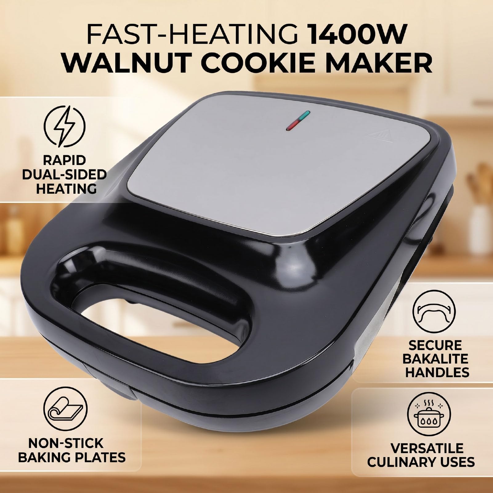 Elektrischer Kegelbäcker, 1400 W, Walnuss-Kuchenform, Antihaftbeschichtet, Sandwich-Grill-Toaster für Hausgemachte Desserts, Gebäck, Snacks, 24 Kapazitäten, Schnelles Erhitzen, (EU-Stecker