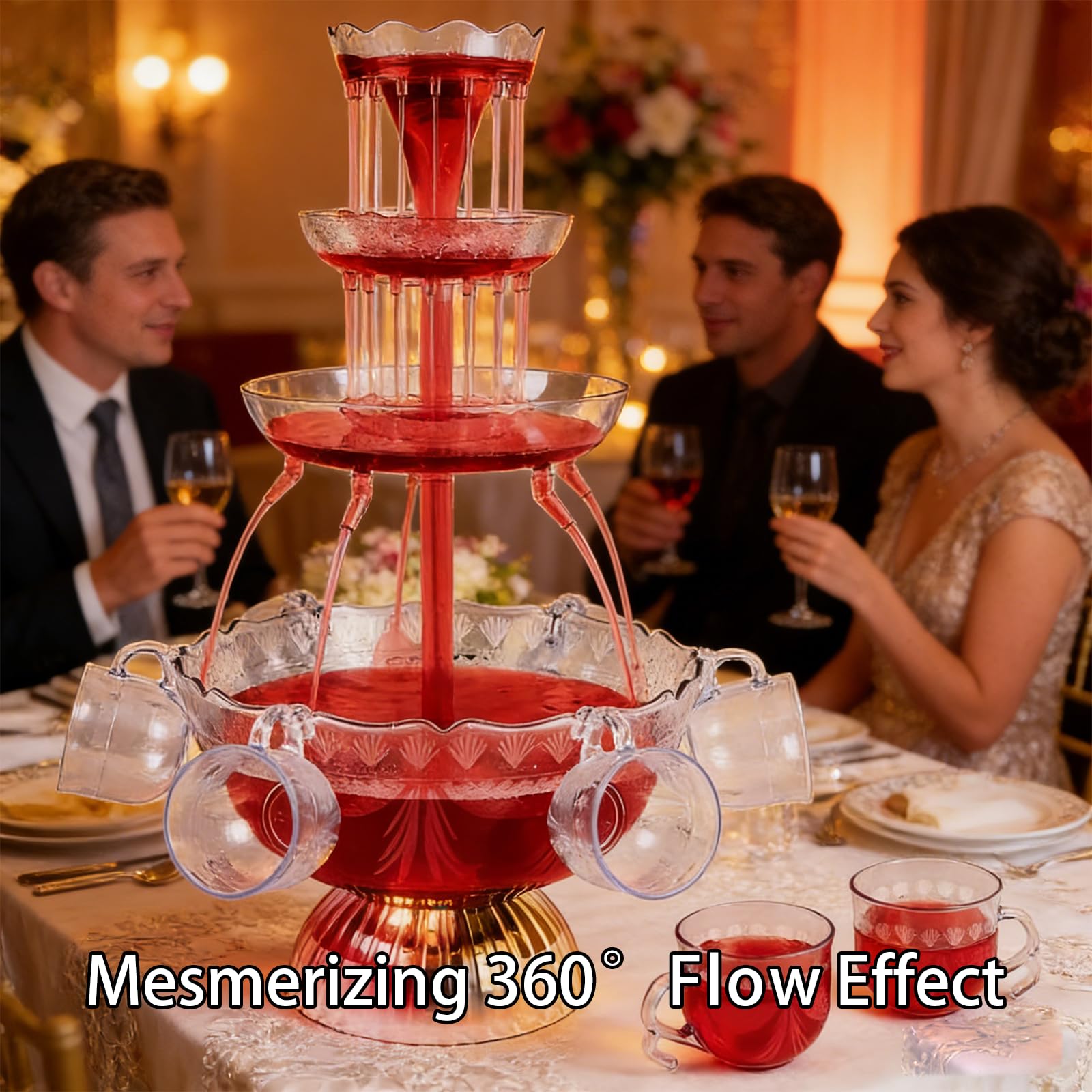 Fuente eléctrica de bebidas de 3 niveles con base LED, dispensador de cóctel y vino tinto, 5 tazas reutilizables para bodas, fiestas, celebraciones, estación de bebidas perfecta
