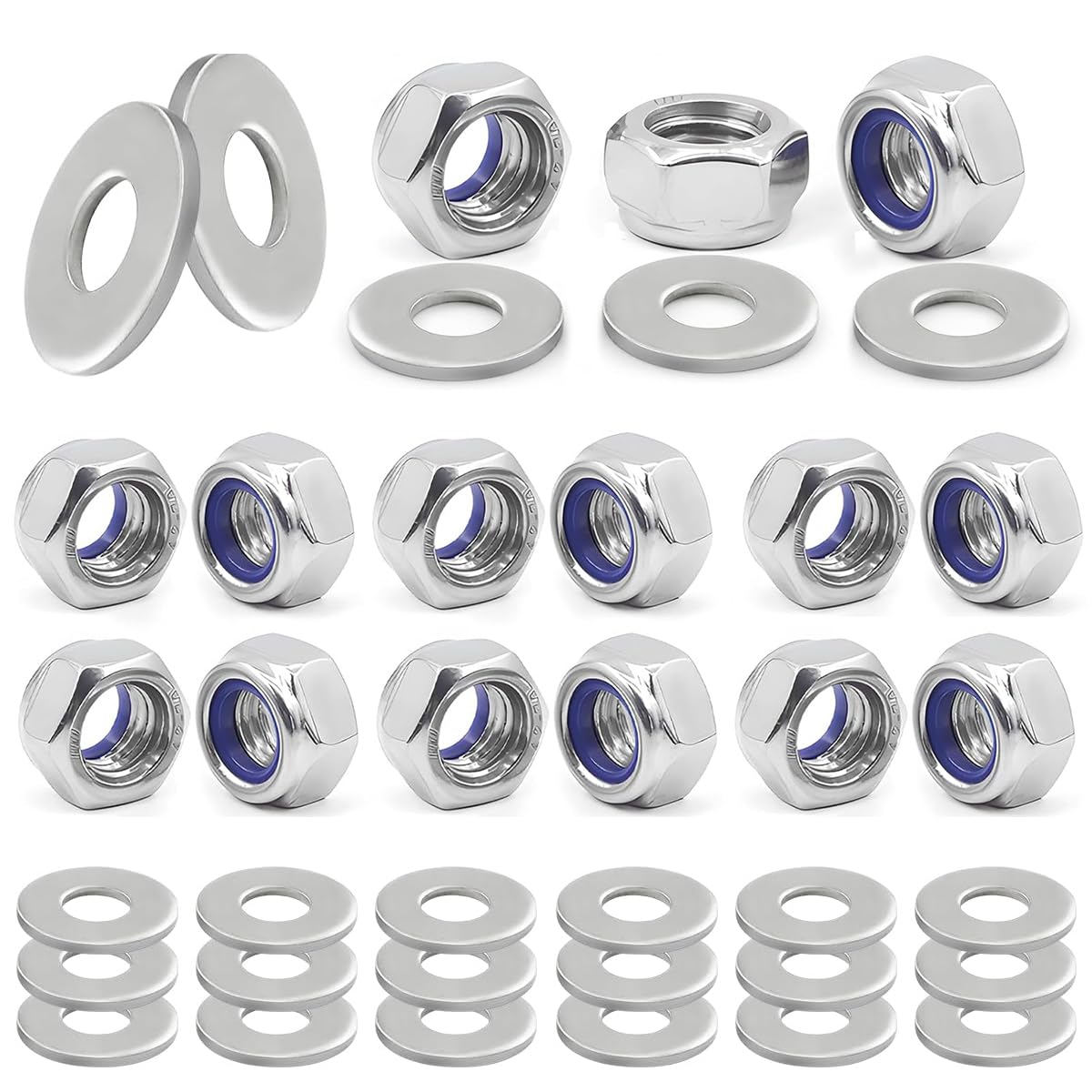 Ruayia M4 Nuts, DIN985 Standard A2 V2A Hex Nuts, Pack of 50 M4 Stainless Steel with 50 Washers, Stainless Steel Self-Locking Nut, Locking Stop Nut