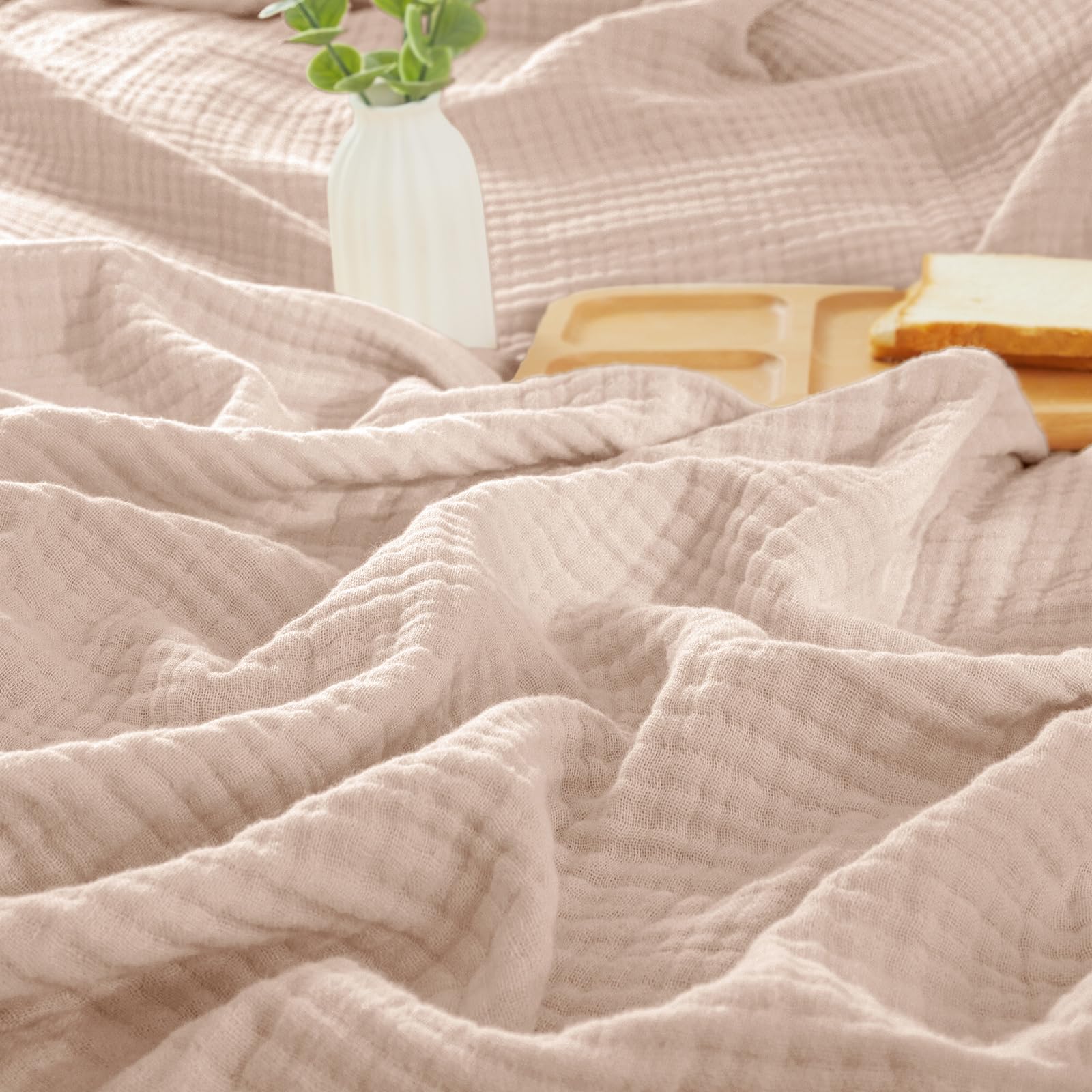phf 100% cotton muslin throw blanket 50" x 60", 4-layer lightweight gauze throw, breathable cloud-soft minimalist blanket for bed, couch, camping & baby, dusty pink, ideal gift