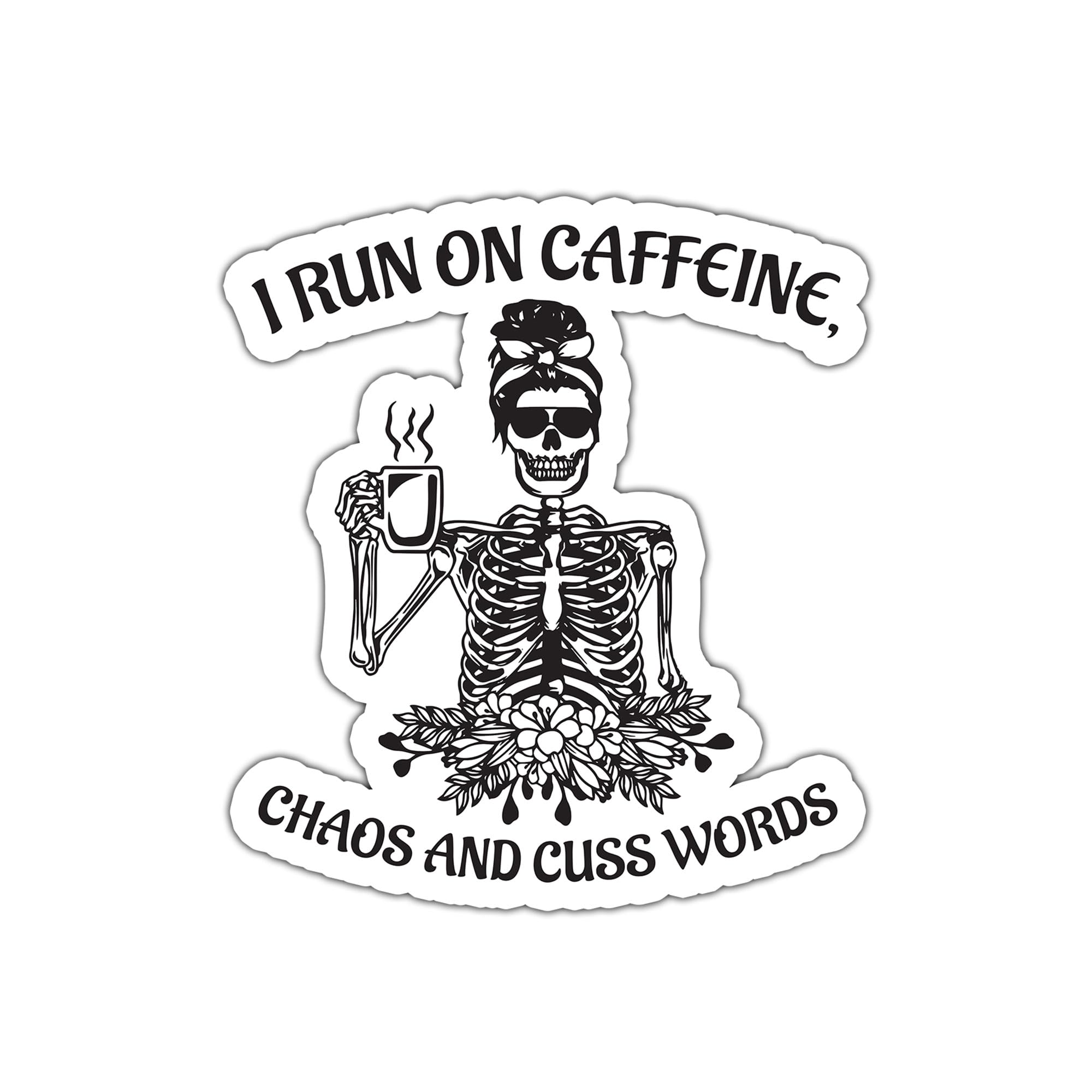 Akira I Run On Caffeine Chaos And Cuss Words Stickers, Vinyl Coffee Addict Decal For Water Bottles, Phone Cases, Laptops, Car, Funny Skeleton For Coffee Lovers Decoration