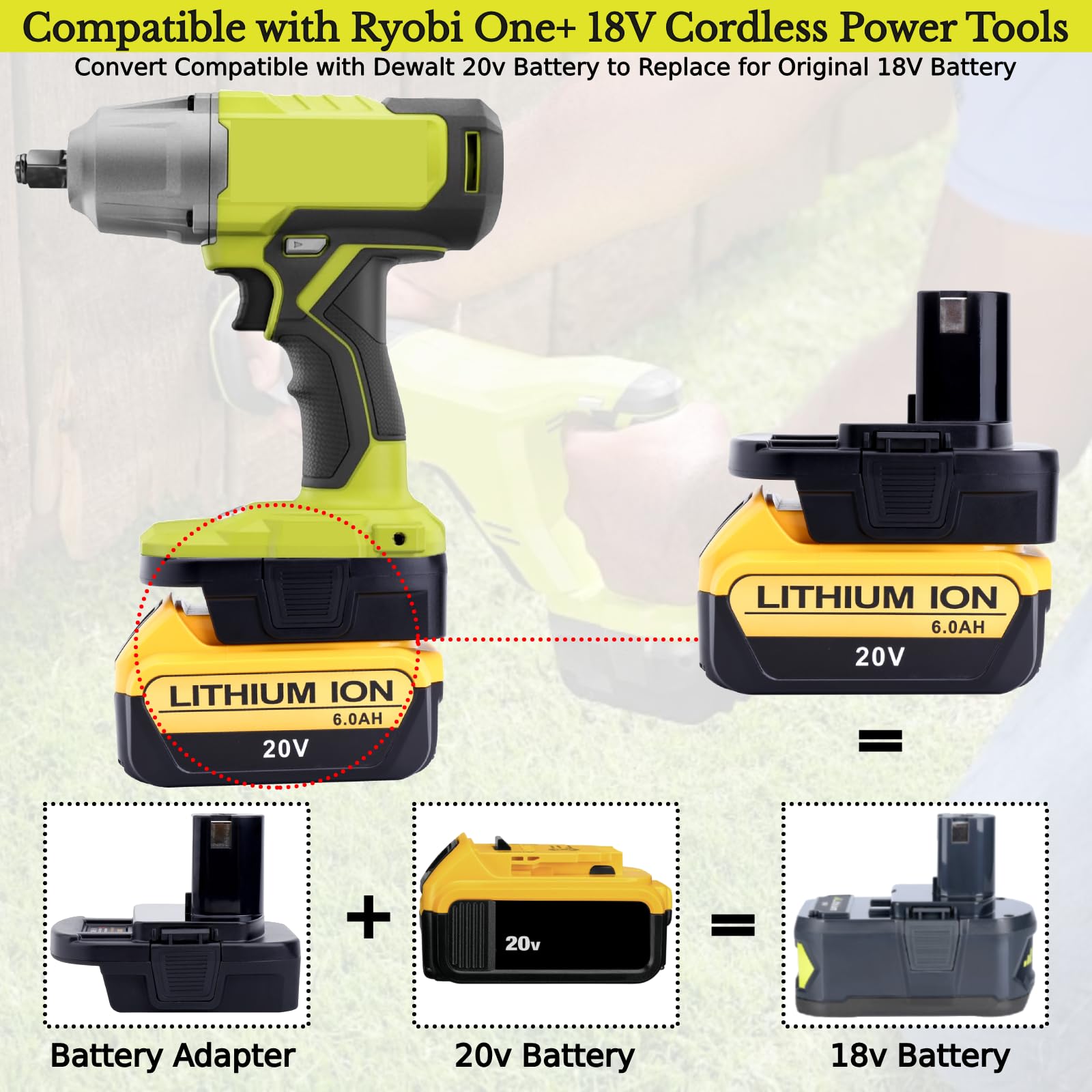 Tulepowceeng Paquete de 2 adaptadores de batería compatibles con herramientas Ryobi ONE+ de 18 V, compatible con Dewalt de 20 V y compatible con batería de litio Milwaukee de 18 V para trabajar con