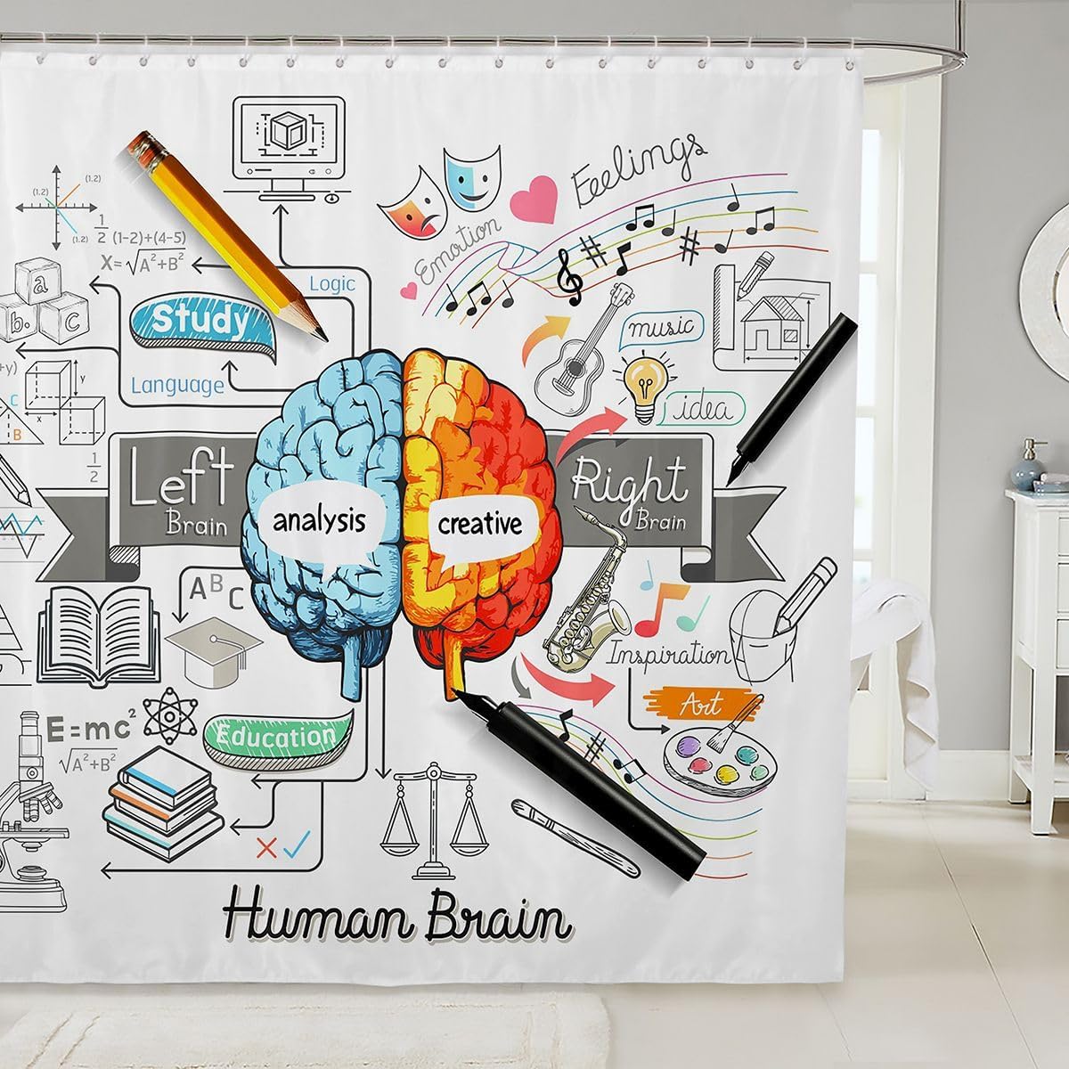 Feelyou Human Brain Shower Curtain Waterproof Fabric Bath Curtain Kids Girls Boys Analysis and Creative Bathroom Shower Curtain Sets with 12 Hooks for Bathroom Showers, Bathtubs 72"x78"