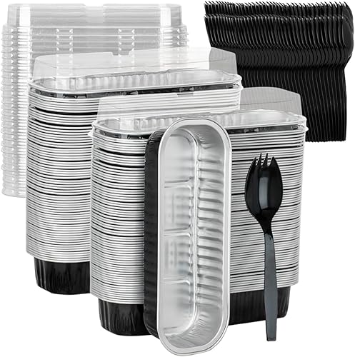 Paquete de 100 mini moldes de aluminio para pan, sartenes de aluminio con tapa, recipientes rectangulares desechables de 6.8 onzas para hornear,