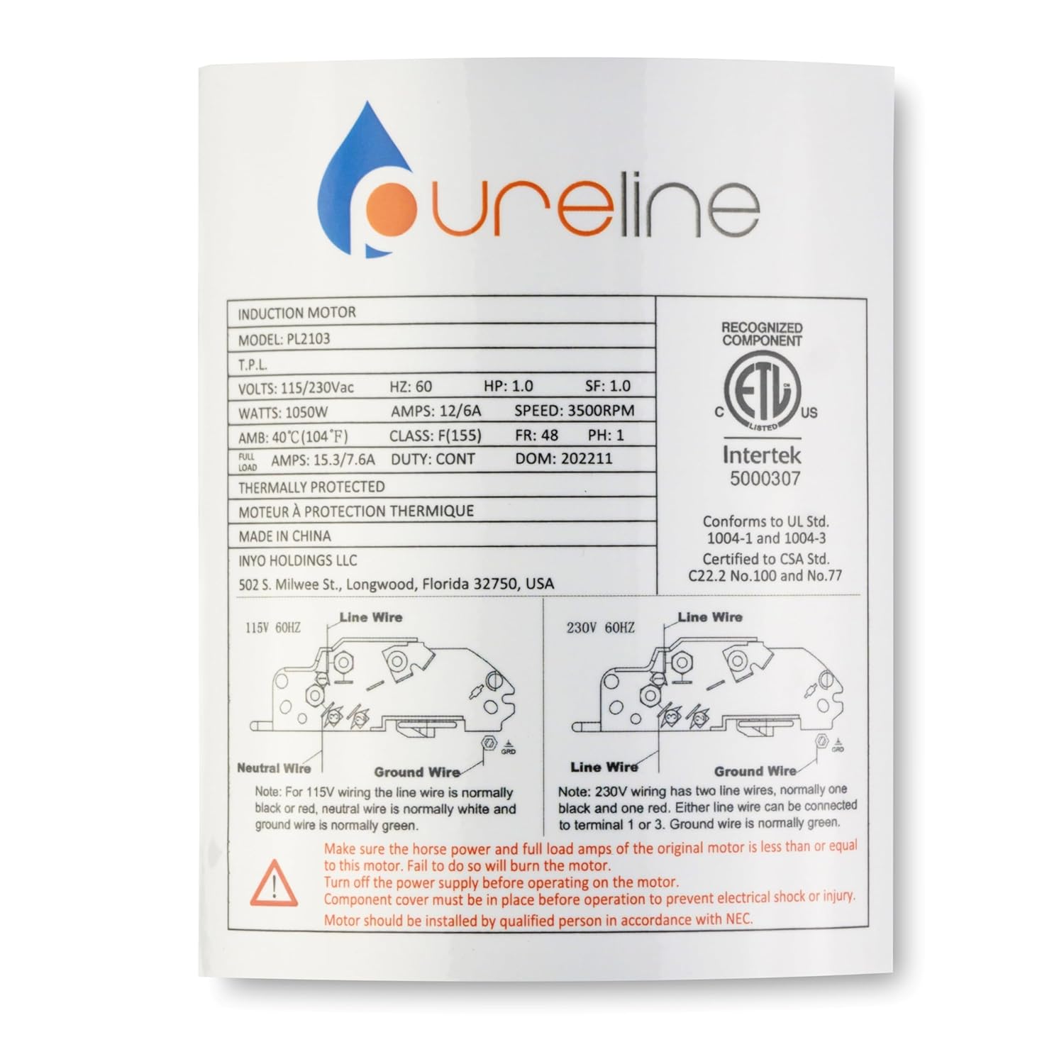 Pureline PL2103 Motor Label with Wiring Diagrams
