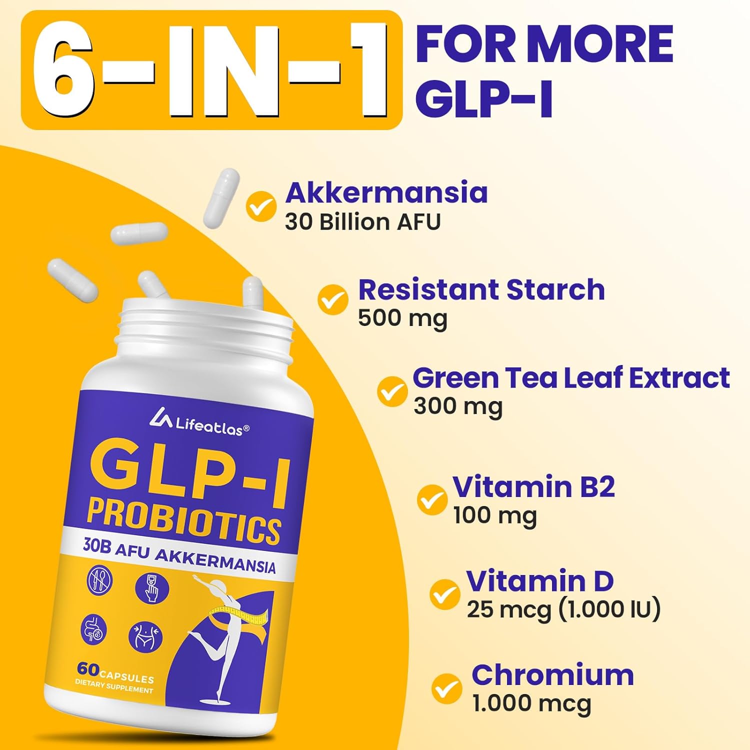 Lifeatlas GLP-I Supplement Probiotic | GLP-I with 30 Billion AFU Akkermansia Probiotic, Akkermansia Probiotics for Women and Men, Daily GLP-I Supplement, 1 Pack - 60 Count