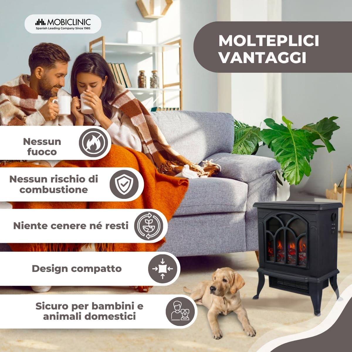 Mobiclinic®, Caminetto elettrico portatile da pavimento, 900/1800w, Protezione contro il surriscaldamento, Leggero, Decorativo, Fiamma 3d, Temperatura regolabile, Ira, Per stanze 25 m2
