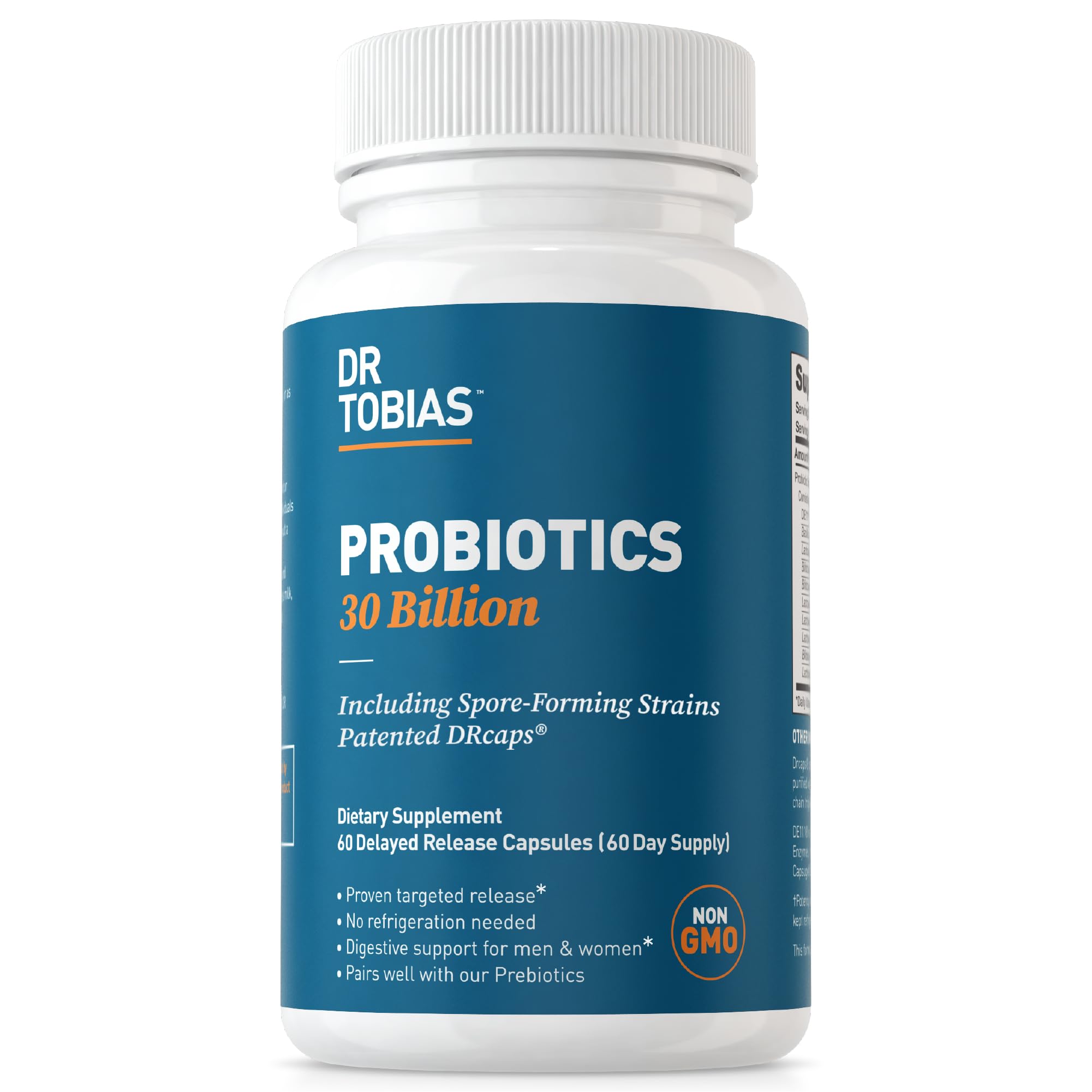 Dr. Tobias Probiotics 30 Billion, 10 Strains, 30 Billion CFU's, Targeted Release Probiotics for Women & Men, Supports Digestive Health, Shelf-Stable, Non-GMO, 60 Capsules, 60 Servings