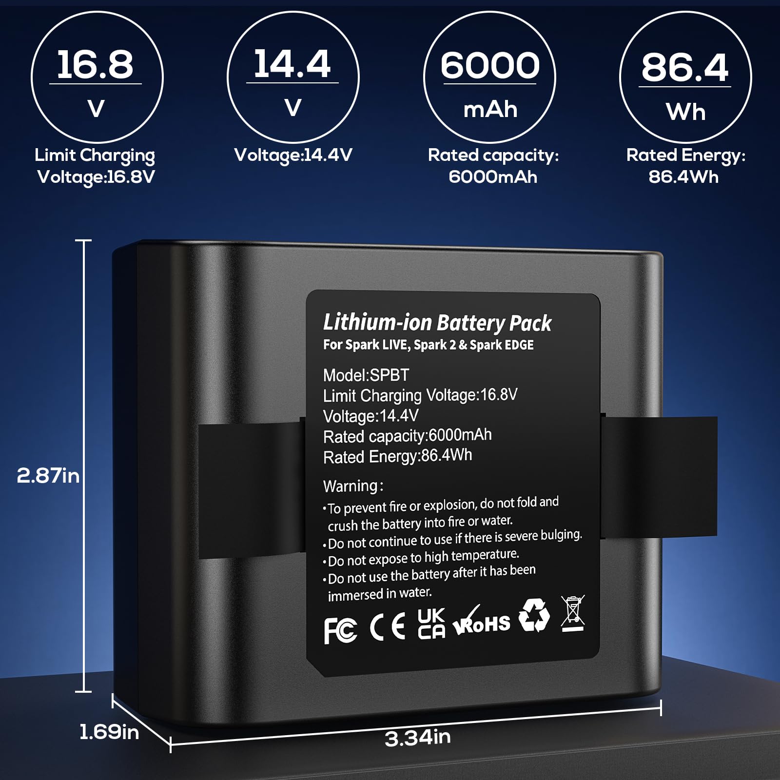 Batería de repuesto de iones de litio de 6000 mAh compatible con Spark Live, Spark 2 y Spark Edge, batería recargable que prolonga el tiempo de fiesta, 86,4 Wh