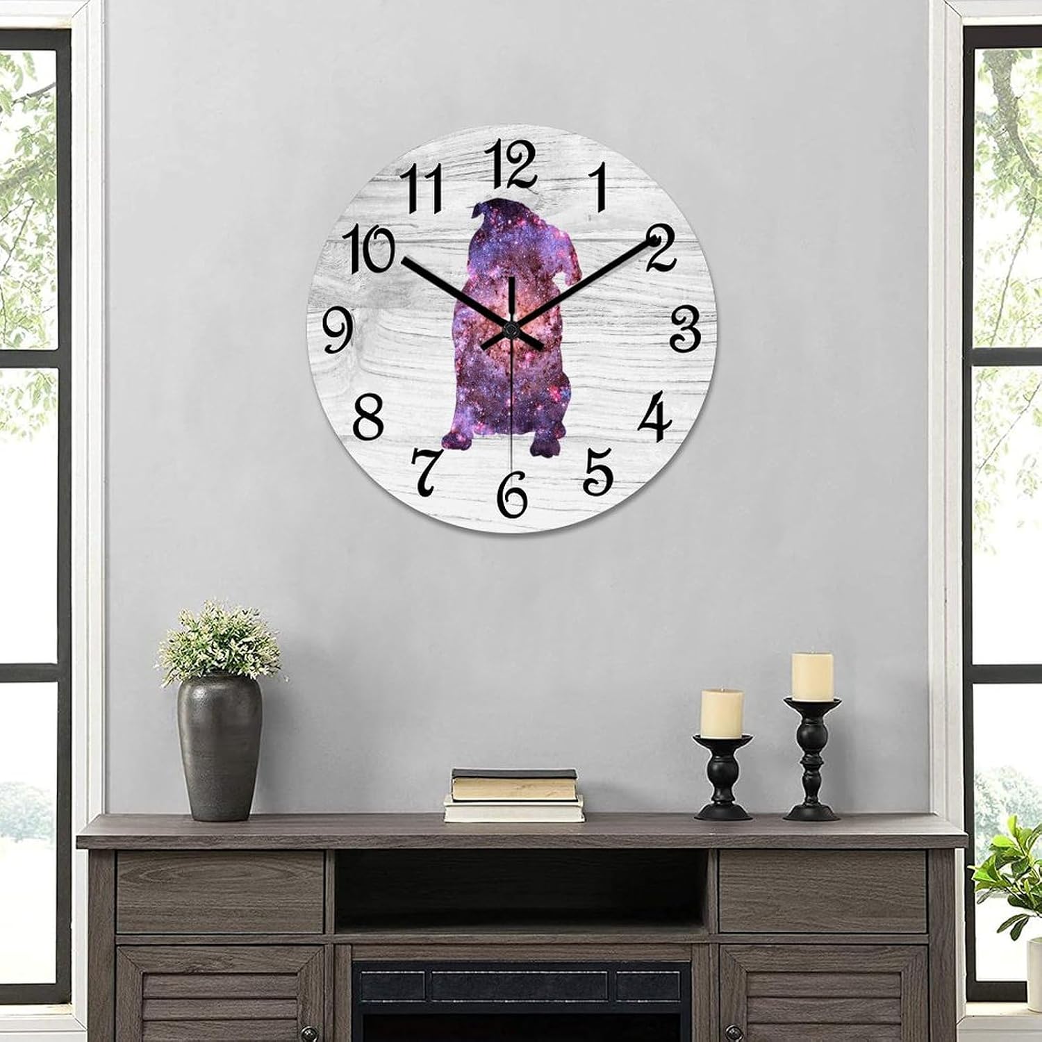 Decorative Wall Clock Pug Wall Clock Dog Silhouette Wooden Clocks Silent Battery Operated 15 Inch Shabby Chic Retro Round Clock for Kitchen Bedroom Office