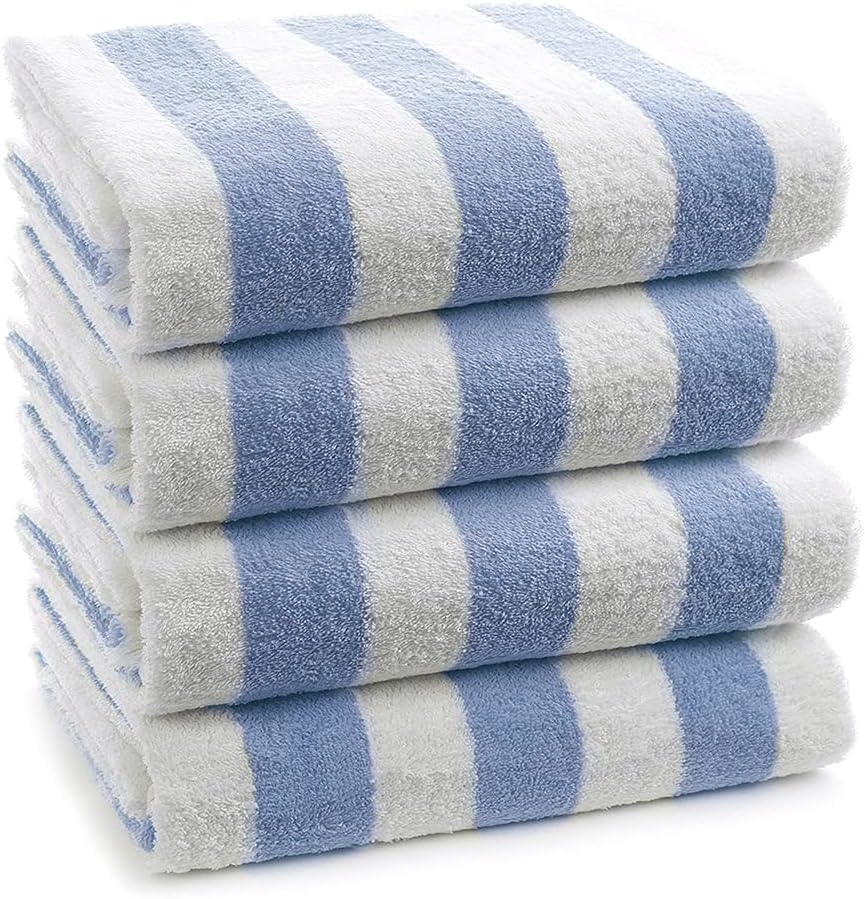 Indulge Large Beach and Turkish Pool Towel, Cabana Stripe, 100% Cotton (30x60 inches, Blue, Set of 4)