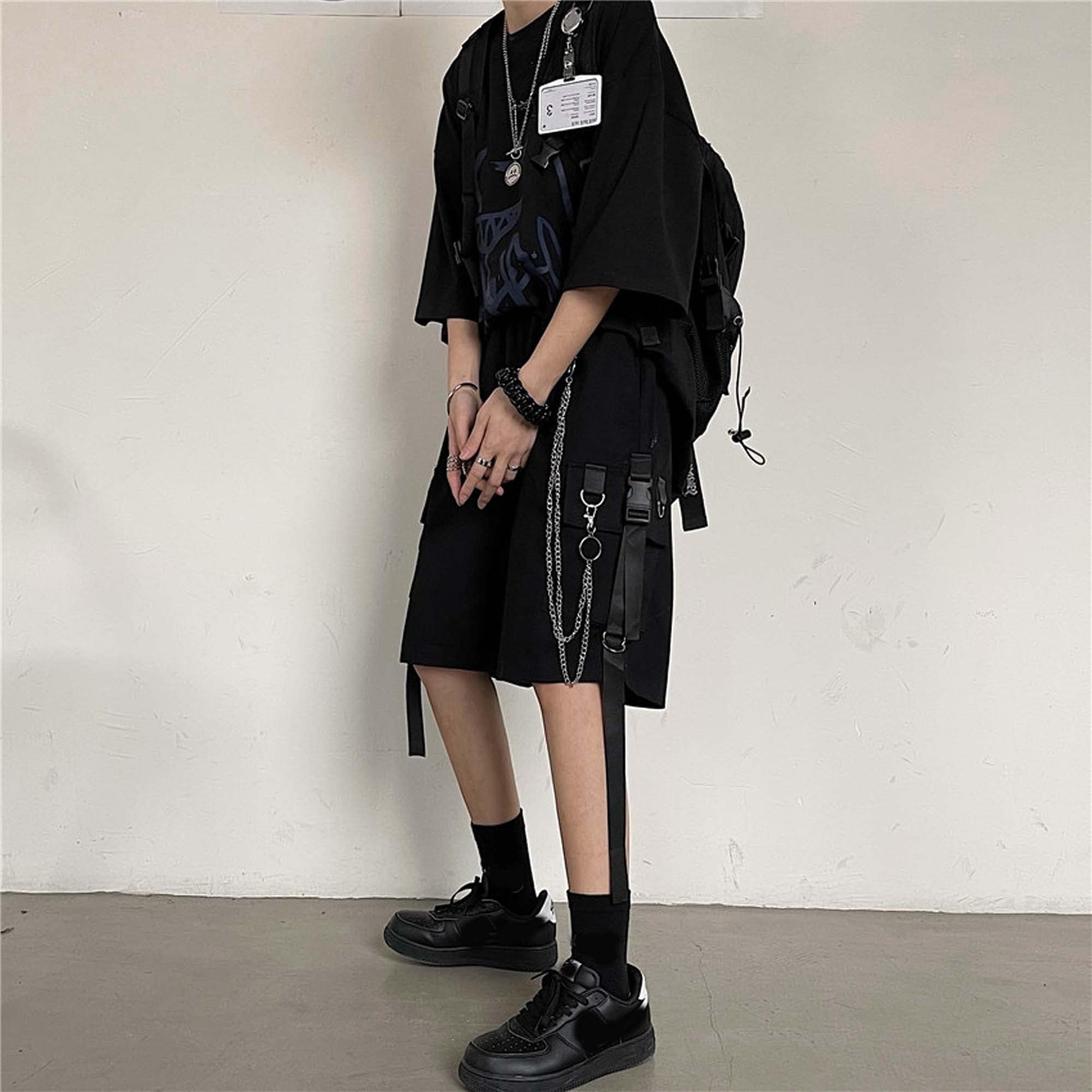 MEINVQIAOTI Black Cargo Pants for Women Street Harajuku Loose Straight Shorts Black Pants with Chains: XX-Large Black