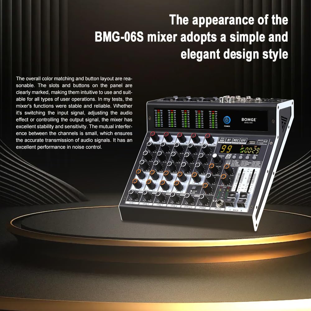 BOMGE Mixer audio professionale a 6 canali console di mixaggio con 99 effetti DSP, +48 V Phantom, Bluetooth, interfaccia USB.2 processore AUX.FX per registrazione in studio e spettacoli dal vivo