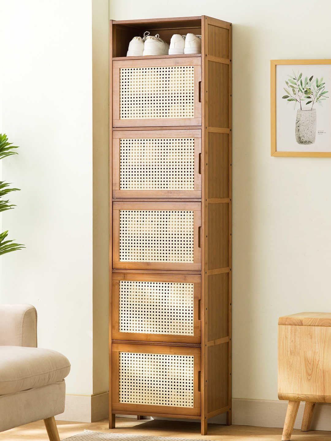 竹製シューズキャビネット ラタン製玄関収納ユニット 自立式シューズ