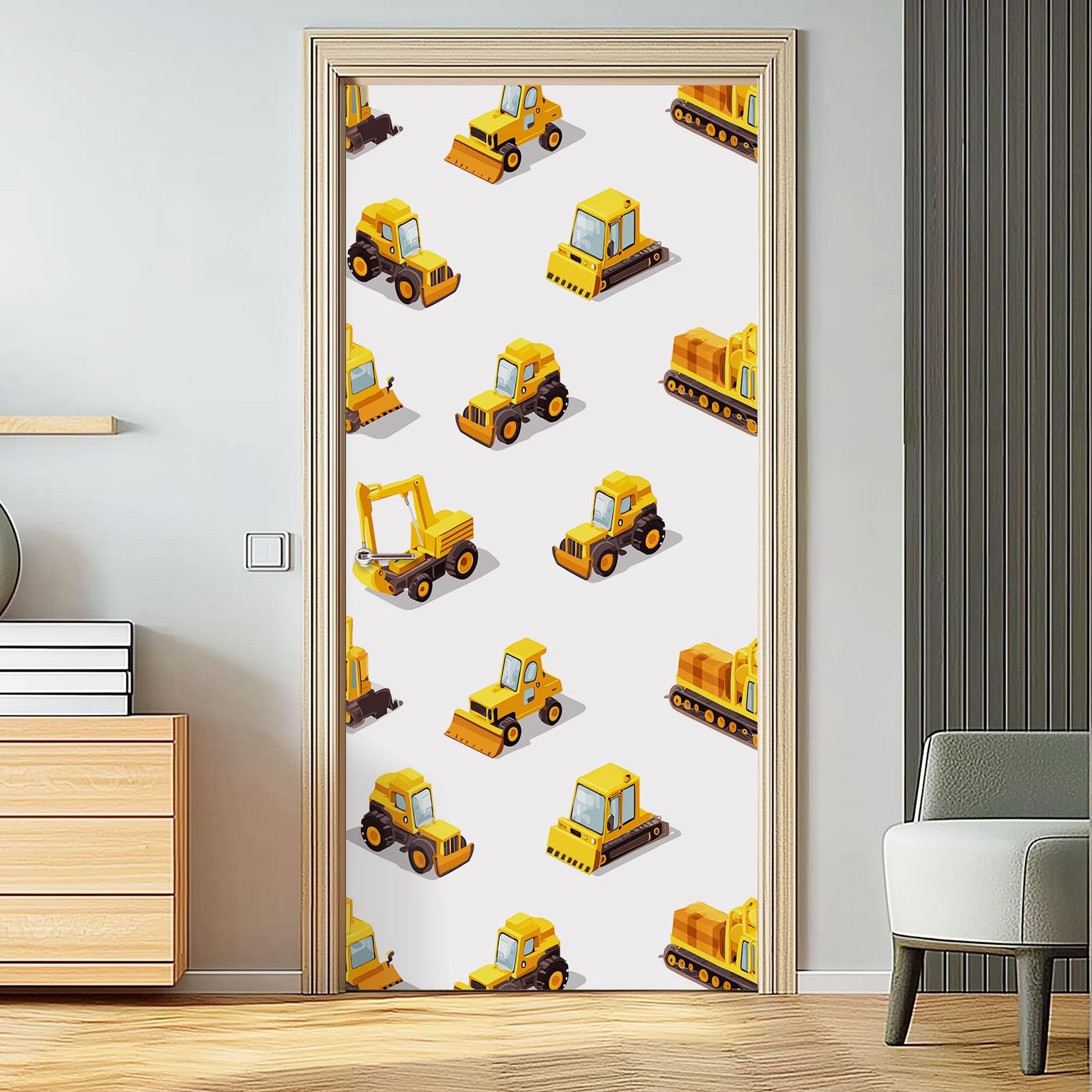 Naklejka na drzwi 3D, samoprzylepna, PCW, 90 x 200 cm, zdejmowana, żółta, wodoszczelna, do sypialni, kuchni, łazienki, biura, dekoracja na drzwi - kreskówka, fotografia, samochód dziecięcy, motyw