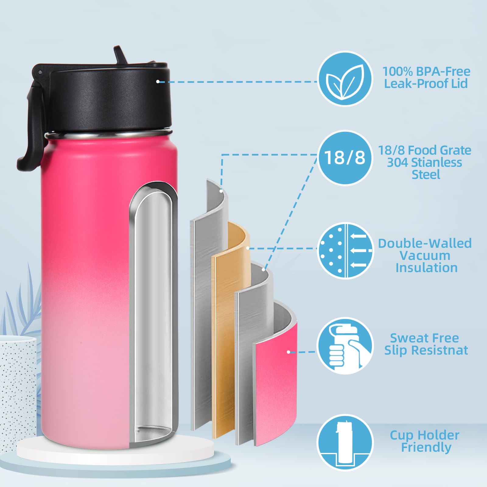 Volhoply 480ml Kids Water Bottle Bulk 2 Pack,Insulated Sports Bottles with Straw Lid,Stainless Steel Bottle with Handle Keep Cold & Hot,Double Wall Vacuum Flask for School(Assorted,Set of 2) - Image 4