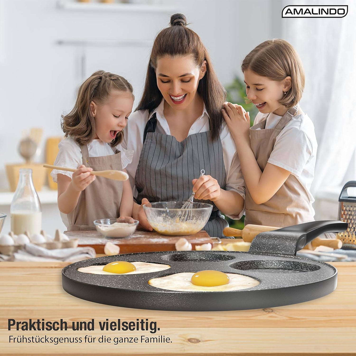 Amalindo Pancake Pfanne Ø 26 cm mit 4 Mulden – Spiegeleipfanne aus Aluguss mit Marmor-Antihaftbeschichtung, PFOA-frei, für Induktion, Ceran, Gas & Elektro – für Pfannkuchen, Eier, Poffertjes