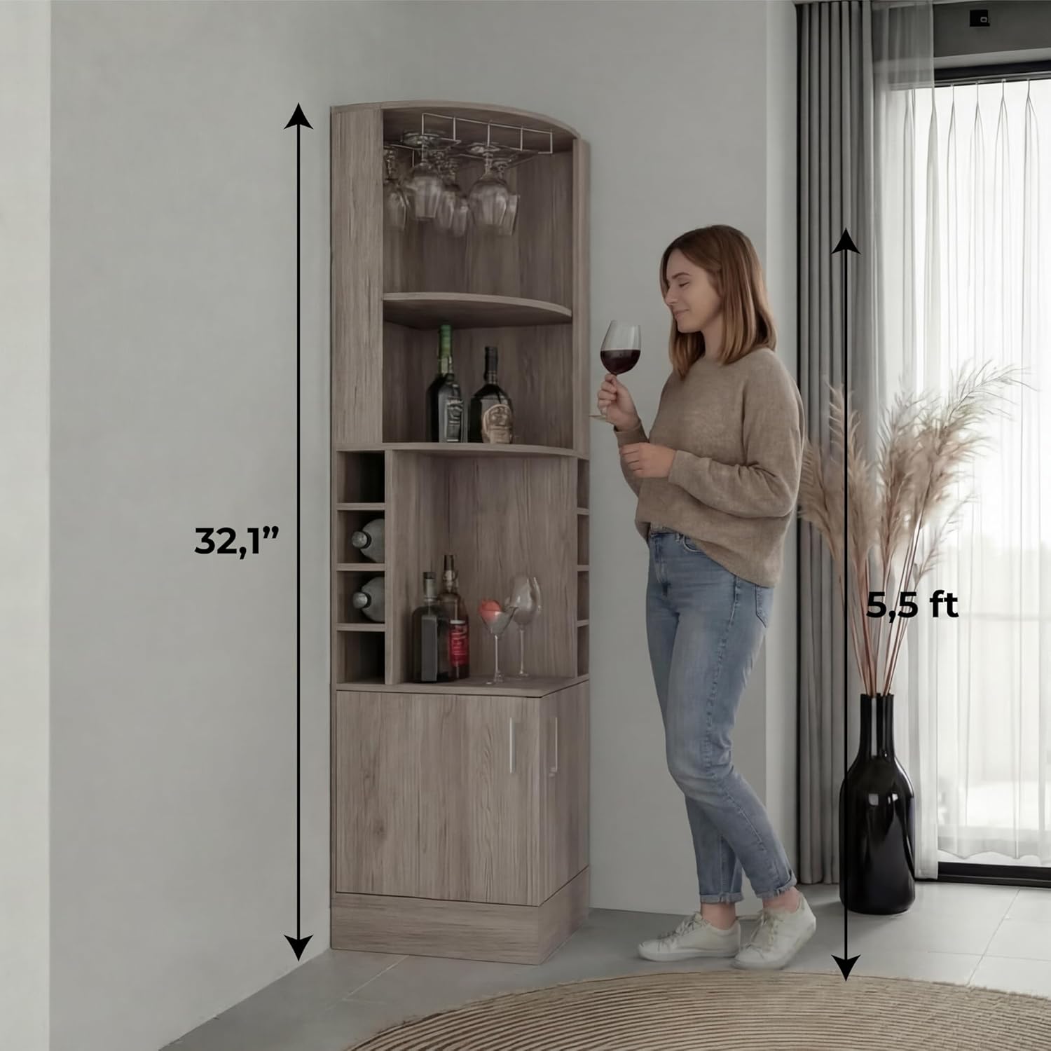 Tuhome Syrah Corner Bar Cabinet with Two External Shelves, Stemware Rack, Eight Cubbies, Modern Design for Living Room or Home Bar