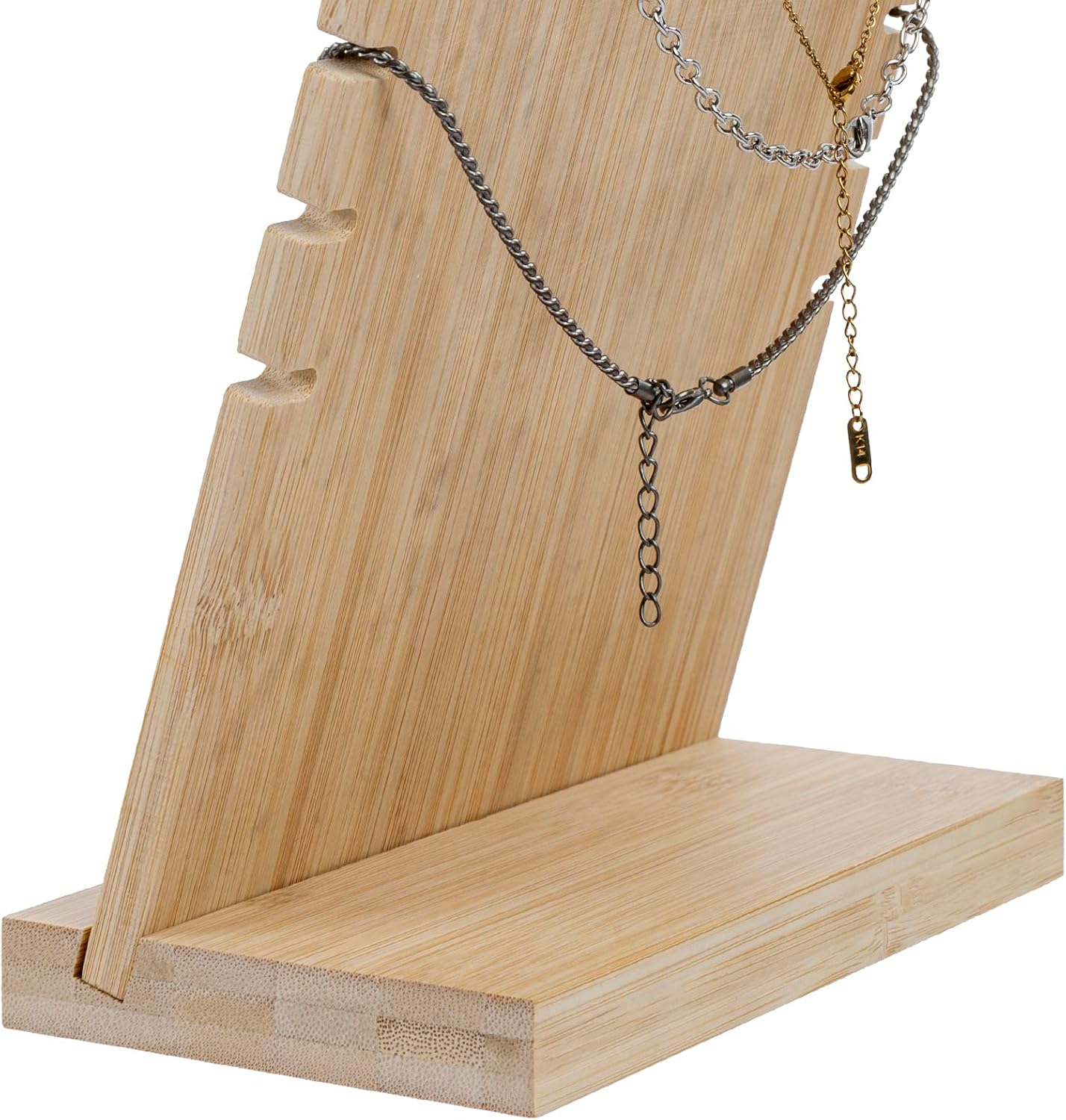 MyGift necklace display standMyGift 2-Pack Bamboo Jewelry Display Stands with PU Panel & Multi-Rung Design – Detachable Bases, Non-Scratch Surface jewelry display for vendors, - Image 7