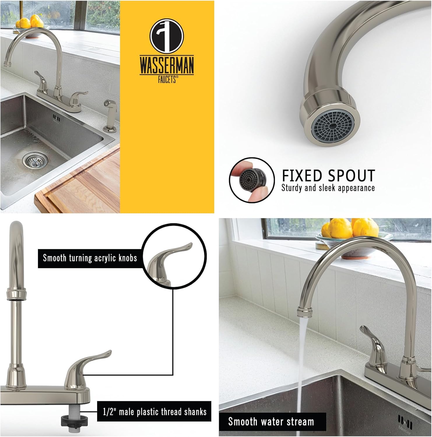 Wasserman 23073124 - Mobile Home RV Kitchen Sink Faucet High Spout Dual Lever Handle with Side Spray, High Arc, Deck Mount, Brushed Nickel, 8 inch on Center, for Campers, Motorhomes, Travel