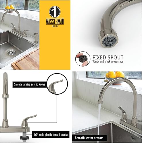 Miniatura 2 de Wasserman 23073124 - Grifo para fregadero de cocina RV con boquilla alta, doble mango, sin lavabo, con rociador lateral