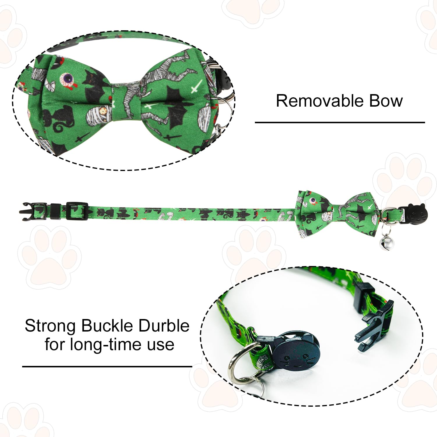 LUTER Halloween Cat Collar, 11.8x0.39 Inch Adjustable Kitty Collar with Bell, Bow Tie, Pumpkin Print - Green & Black - Image 3