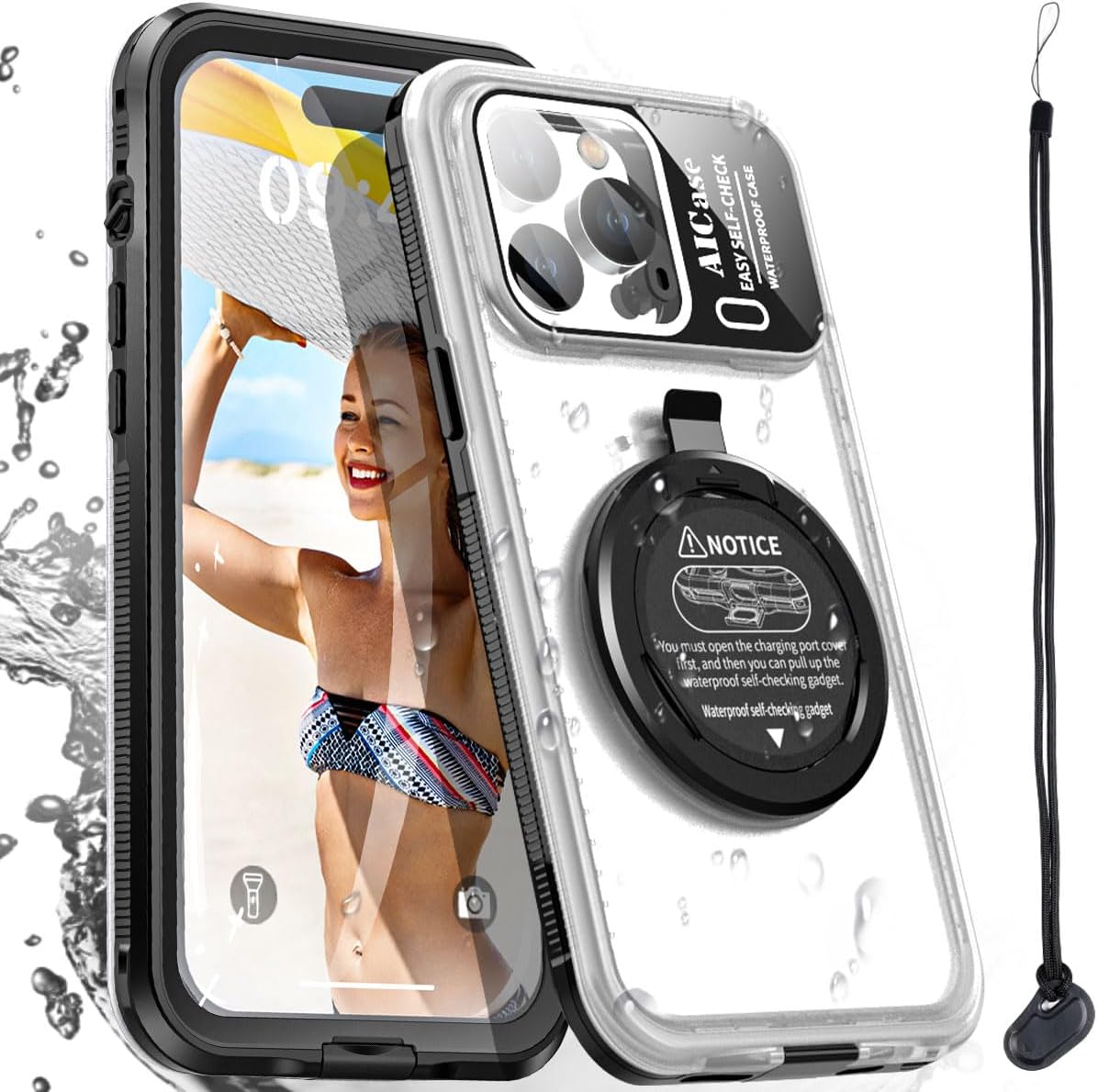 AICase Self-Check Waterproof Phone Case for iPhone 14 Pro Max, Underwater Touchscreen Diving Phone Case Built-in Screen Protector for Shower, Bike, Beach, Snorkeling