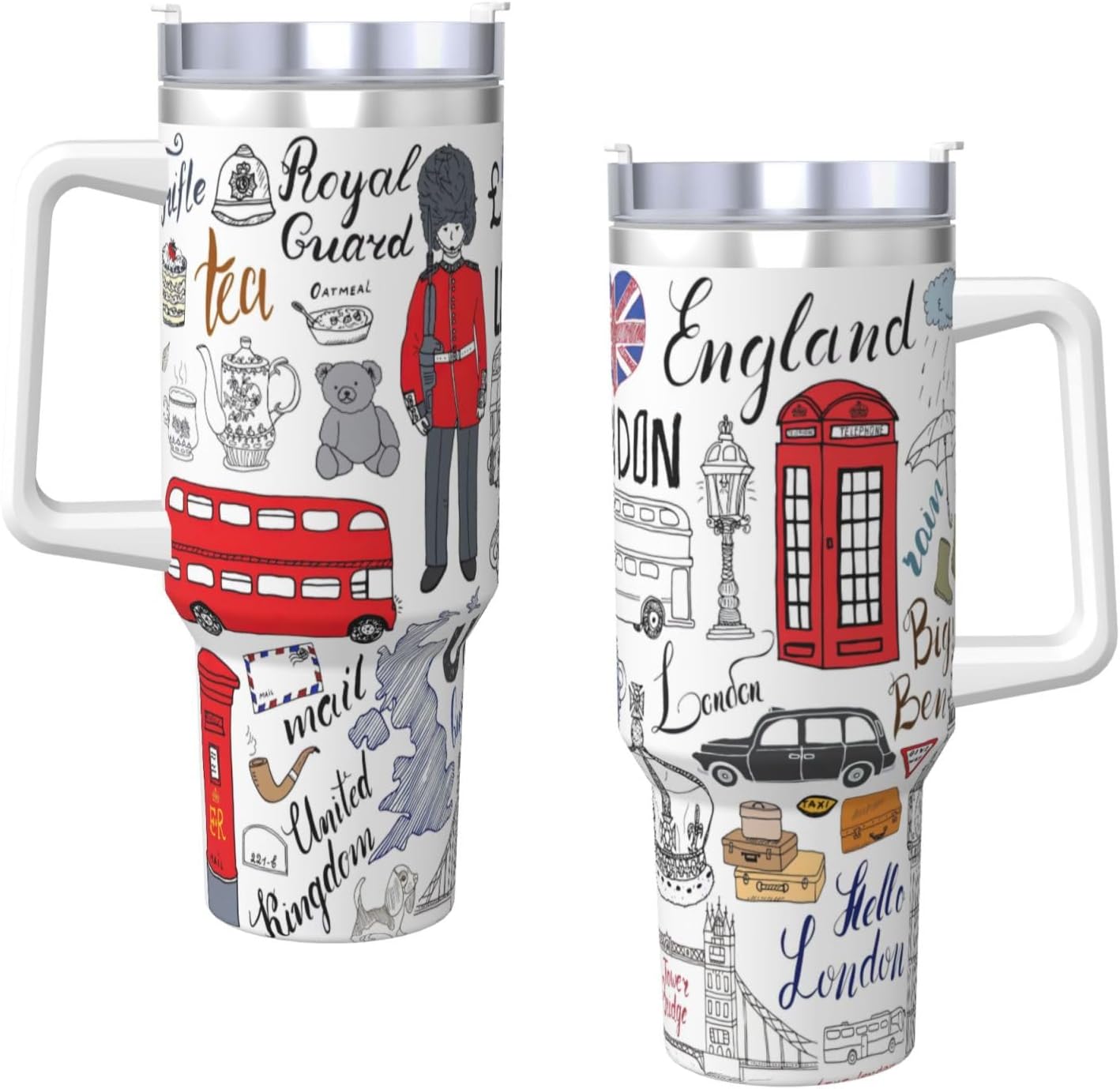 40 OZ I Love London Print Ice Bully Cup with Handle Straw Lid Straw,Stainless Steel Tumbler Coffee Cup