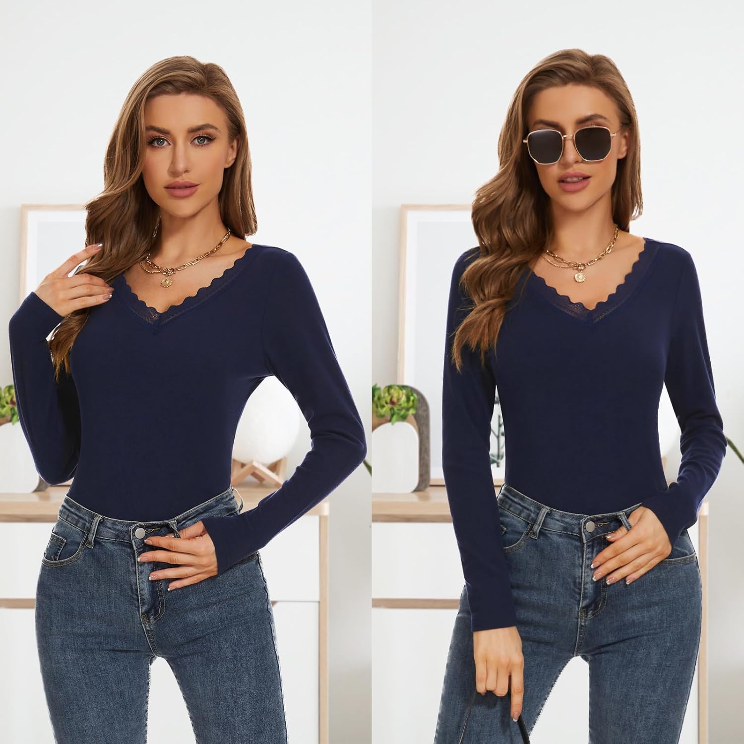 WOWENY Womens Long Sleeve Thermal Shirts V Neck Lace T Shirts Underwear Tops Basic Fitted Tees - Image 2