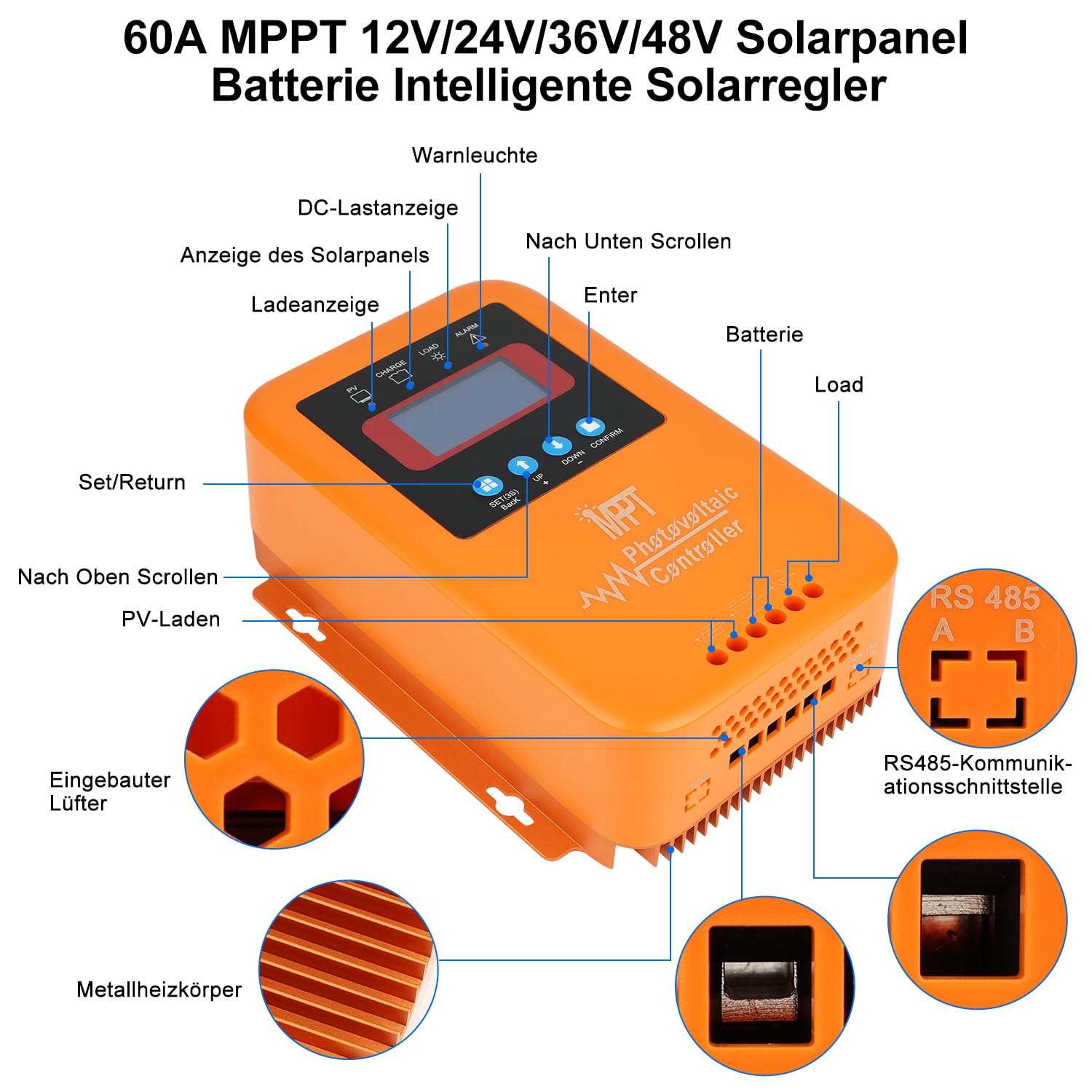 【60A Regulador MPPT Bluetooth WIFI】KWODE 60A 12V/24V/36V/48V Controlador de Carga Solar Regulador Solar MPPT Bluetooth WIFI Regulador de Carga para Ácido de Plomo, Gel,Fosfato,Turner, Litio Baterías