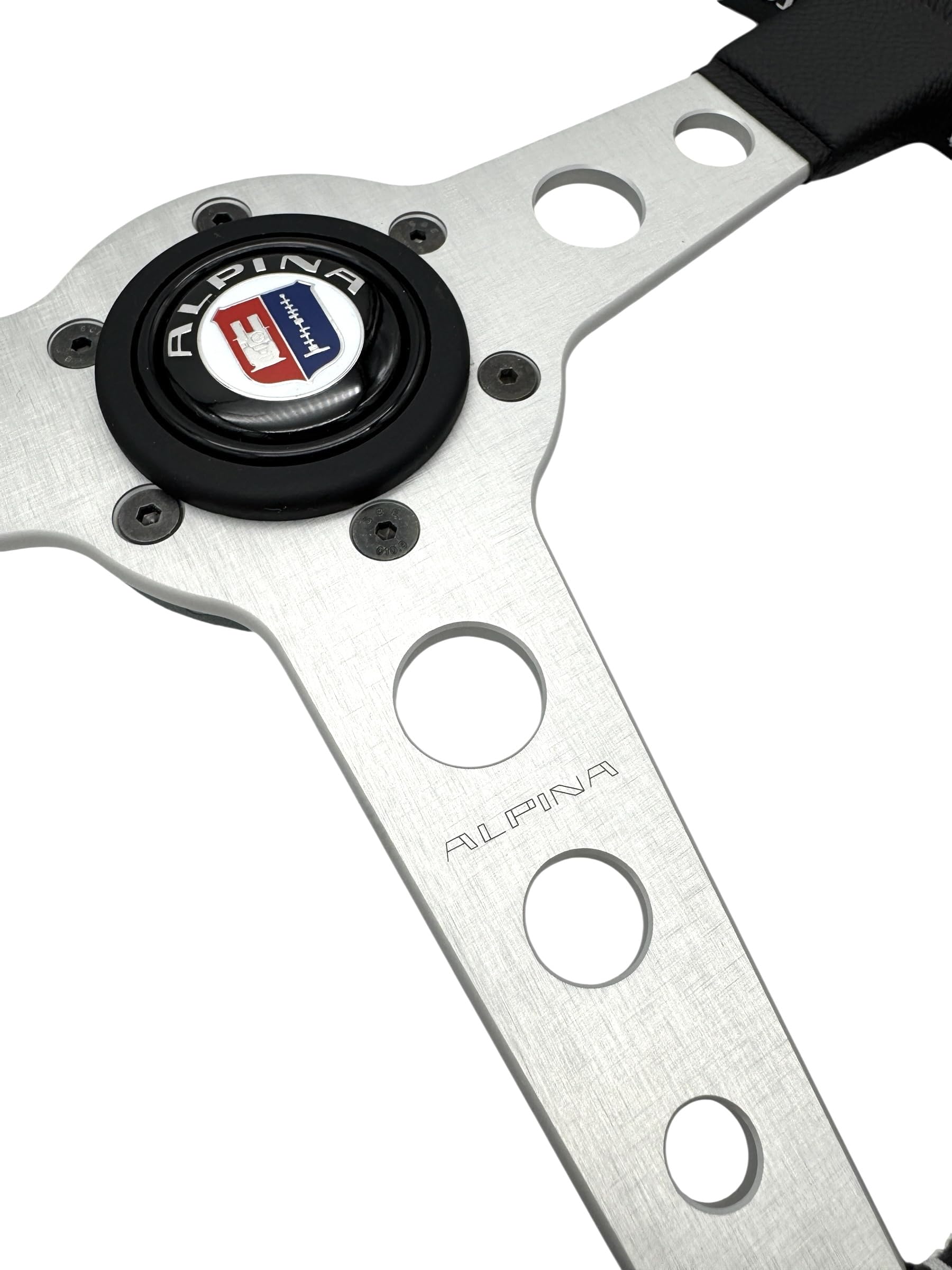 ALPINA Prototipo Leather Steering Wheel, 350mm, 3-Spoke Design, Silver Spokes, Black Leather with White Stitching for BMW