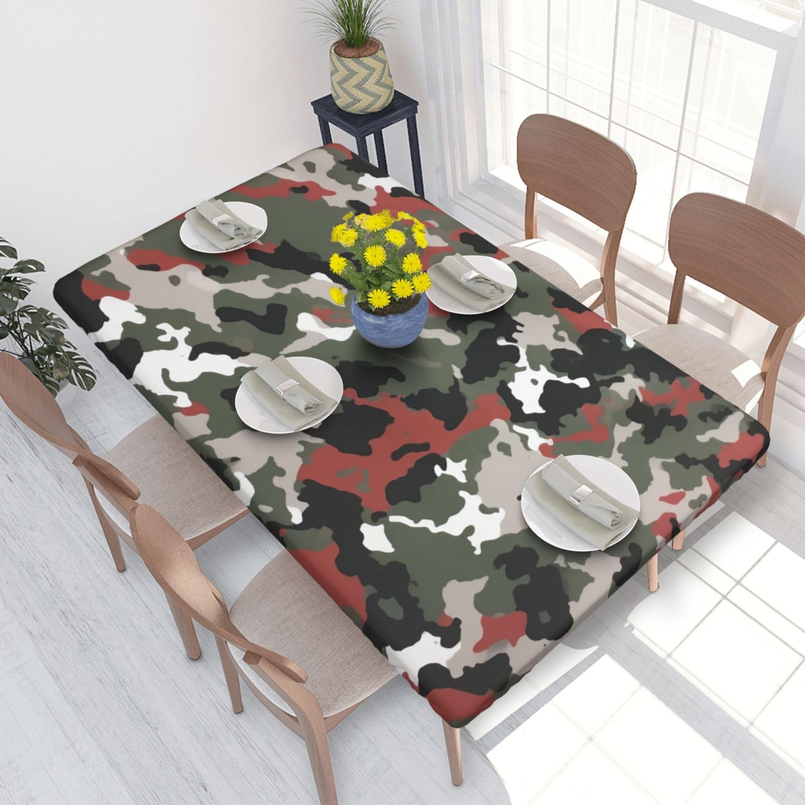 DCARSETCV Camouflage Printed 4FT Waterproof Tablecloth with Elastic Edged Protect & Decor Your Table, Oil-proof Washable Table Cloth Cover for Dinner Picnic Party