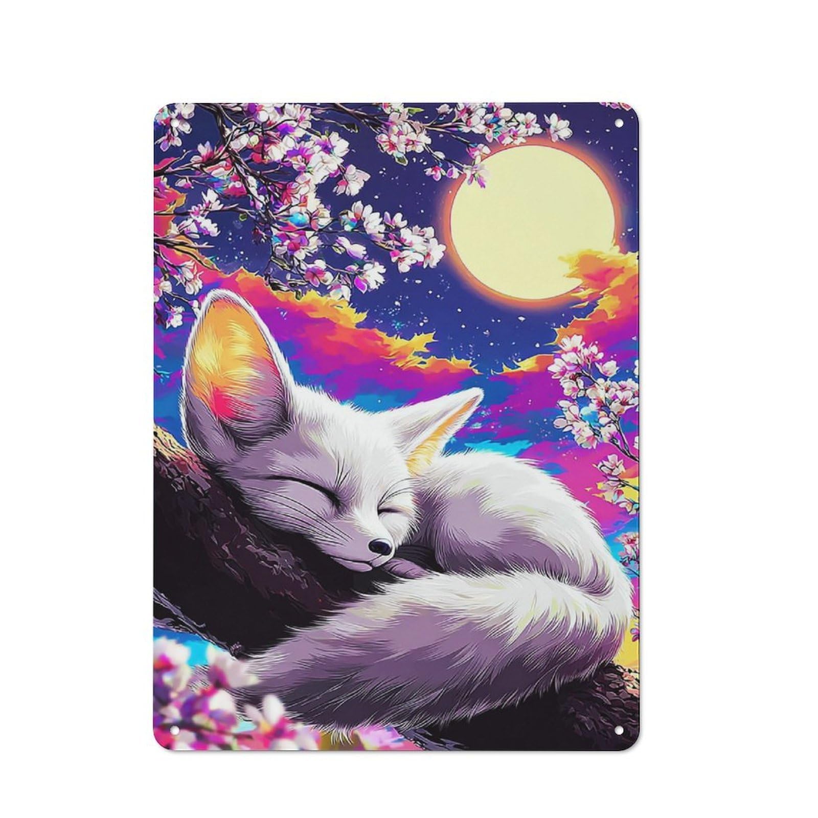 Junmoney Fox Dreams Under Moonlit Blossoms Metal Wall Sign 40X30cm Featuring For Bar Or Restaurant, For Bar Decor Enthusiasts