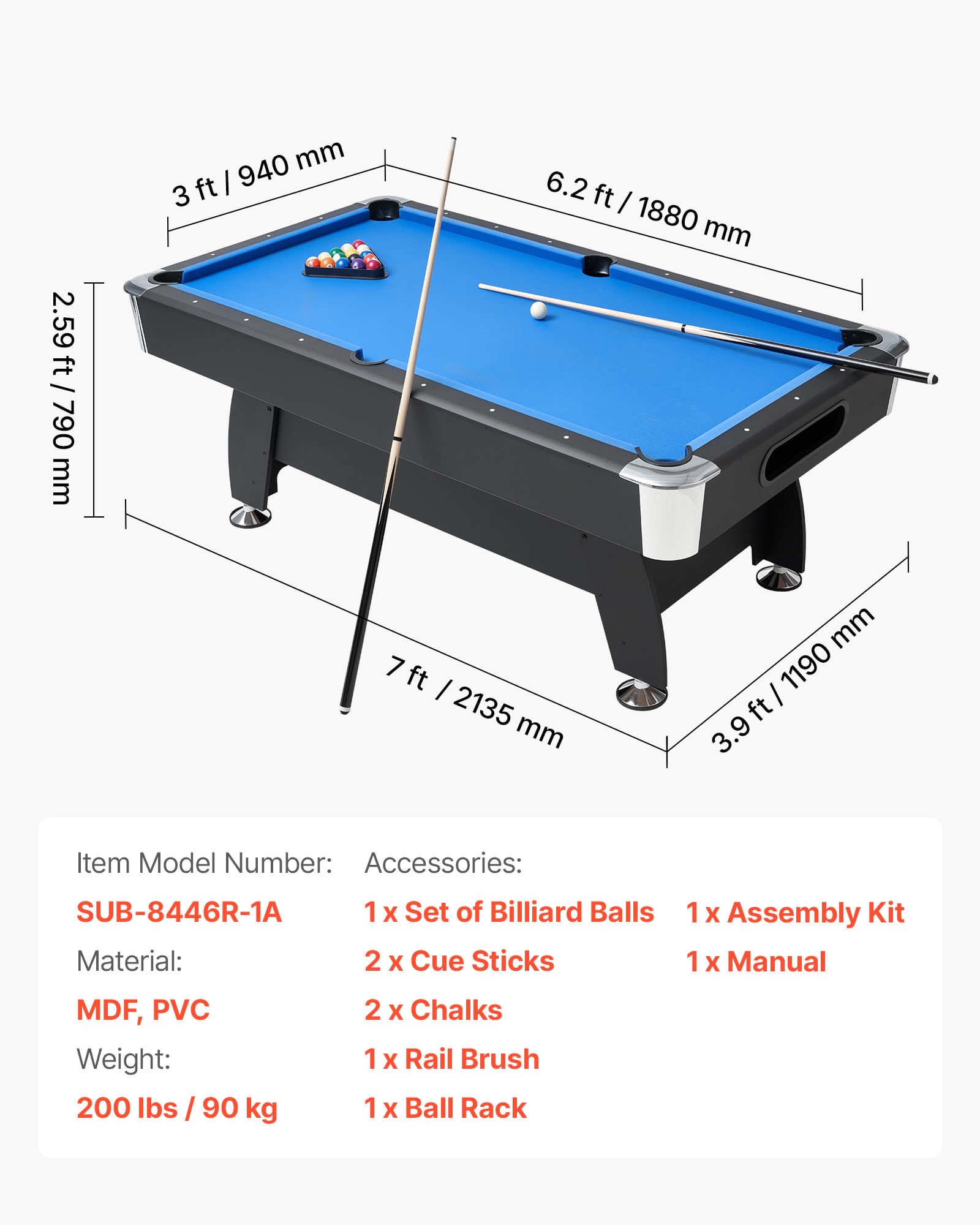 VEVOR Table de Billard 2135 mm, kit de Billard Portable, Pieds réglables, Ensemble d'accessoires complets avec Boule, Queue, Support, Craie et Pinceau, pour Domicile, Club, Noir avec Tissu Bleu