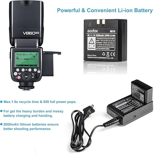 Miniatura 6 de Godox Flash TTL V860II-S para Sony, GN60 2.4G Speedlite para Sony HSS 18000s, batería de iones de litio de 2000 mAh, aproximadamente 650 destellos