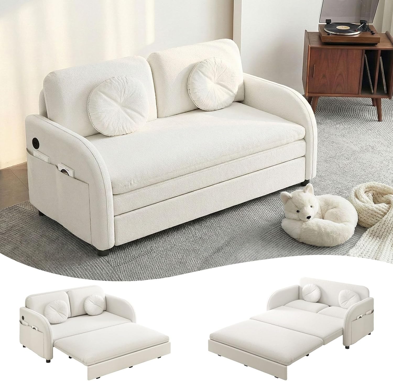 3-in-1 Sleeper Sofa Loveseat with Pull-Out Bed, Chenille Convertible Couch with Double-Layer Cushions, USB Ports & Storage Pockets for Living Room and Apartment (Beige, 52.4") | Convertible Sleeper