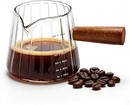 6OZ Espresso Shot Cups with Scale, Glass Measuring Cup, Coffee Accessories | Double Scale Glass Measuring Cup, Heat Resistant Borosilicate Glass, Wood Handle, V-Shaped Spout, Ribbed Milk Frothing Pitche