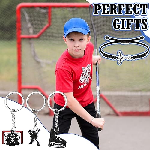 Miniatura 6 de Remuuly El juego de 48 piezas de recuerdos de fiesta de hockey incluye 24 llaveros de hockey sobre hielo, 24 pulseras ajustables de hockey para